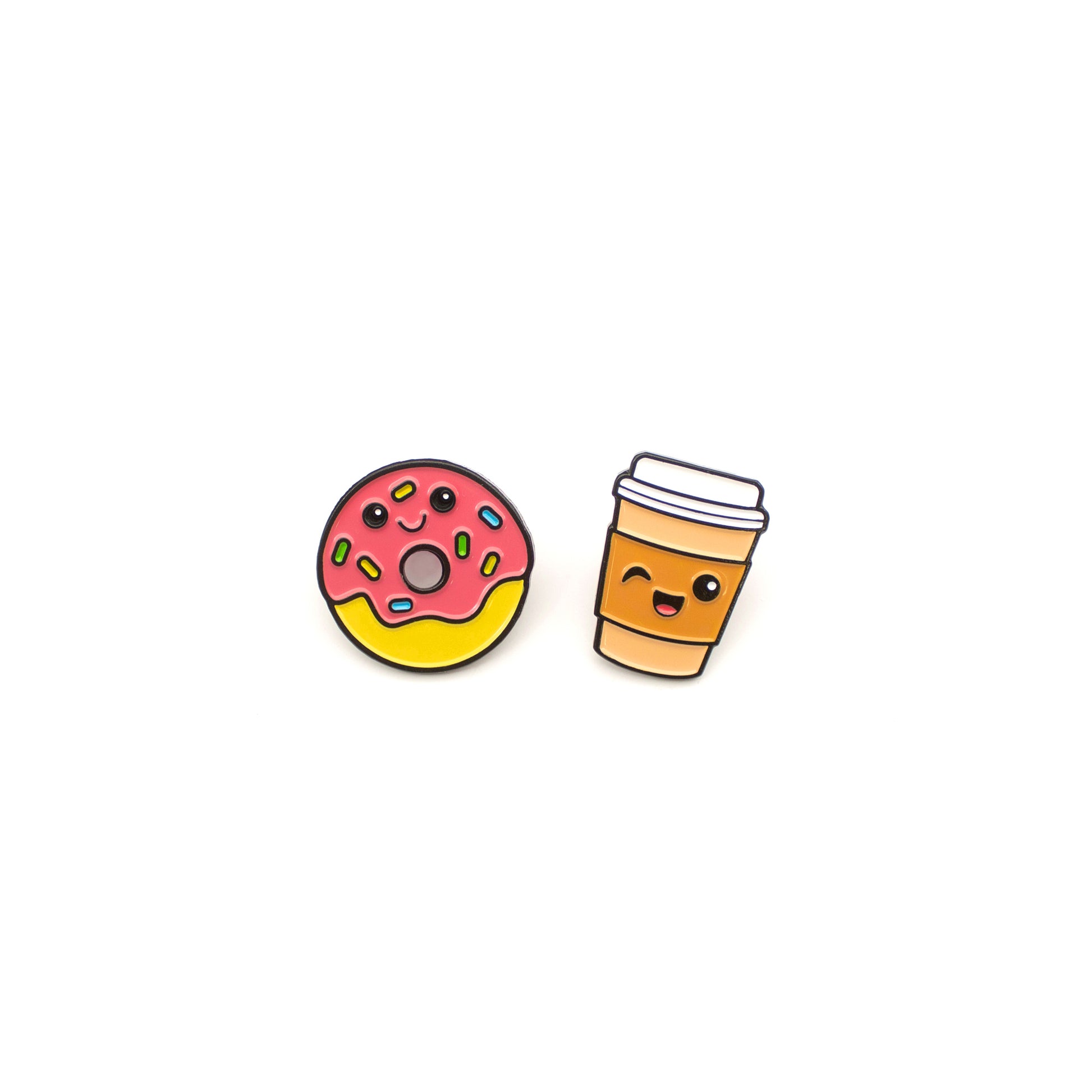 Donut and Coffee enamel pins on white background