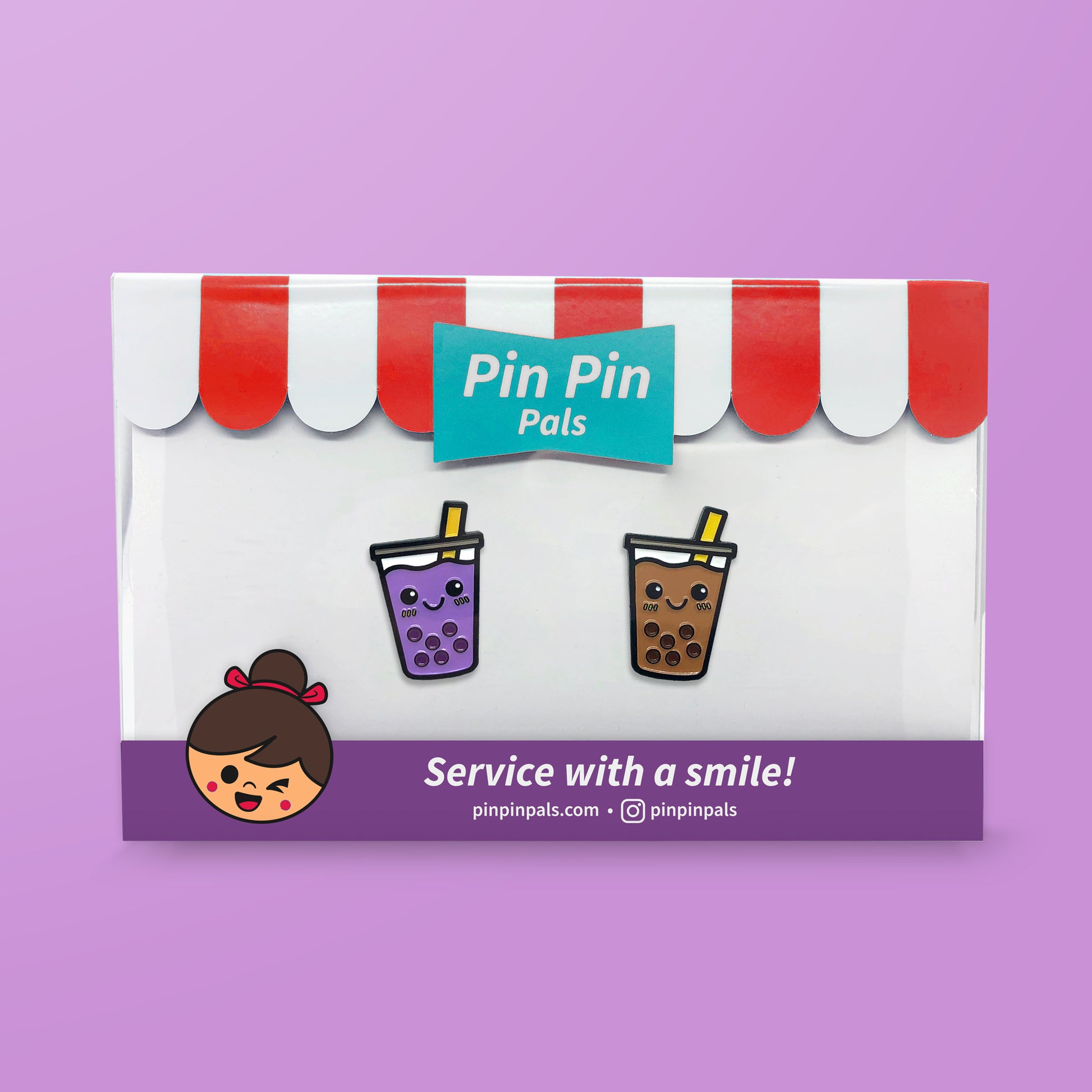 Pin Pin Pals Boba enamel pin set in packaging box over purple background