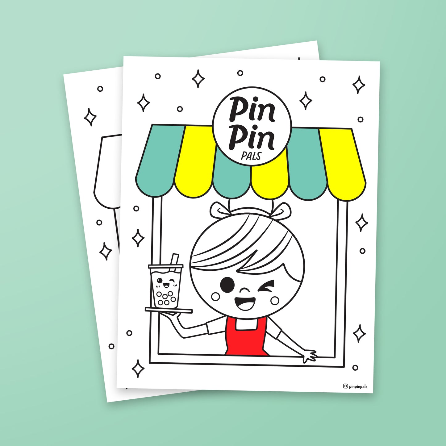 Pin Pin Pals free Penny Shop coloring sheet on mint green background