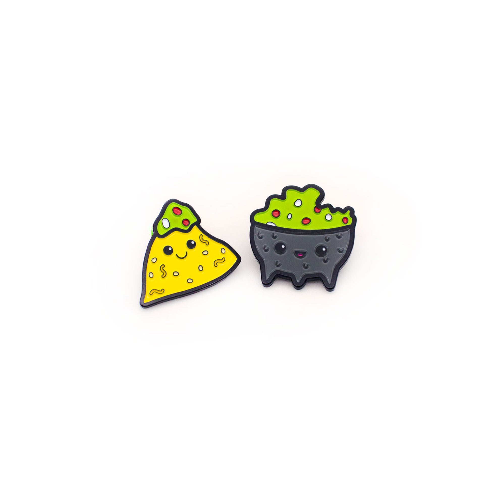 Chip and Guac enamel pins on white background