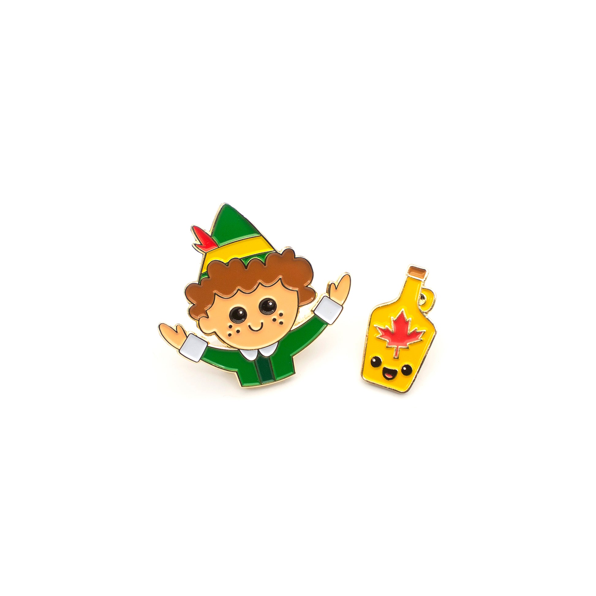 Buddy the Elf and Maple Syrup enamel pin set on white background