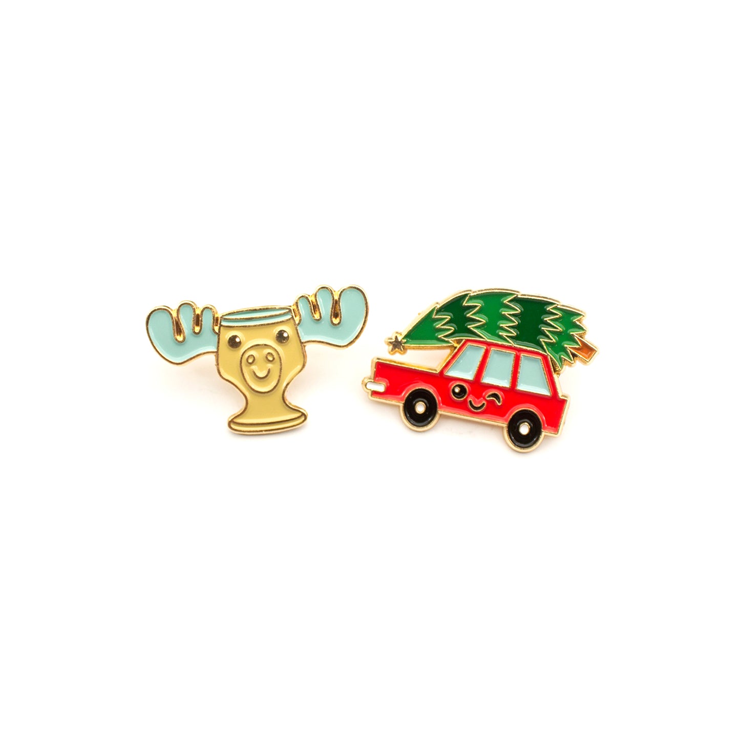 Christmas Vacation Car and Moose Mug enamel pins on white background