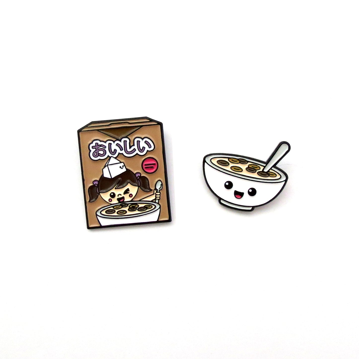 Cocoa Cereal Box and Cereal Bowl enamel pins on white background