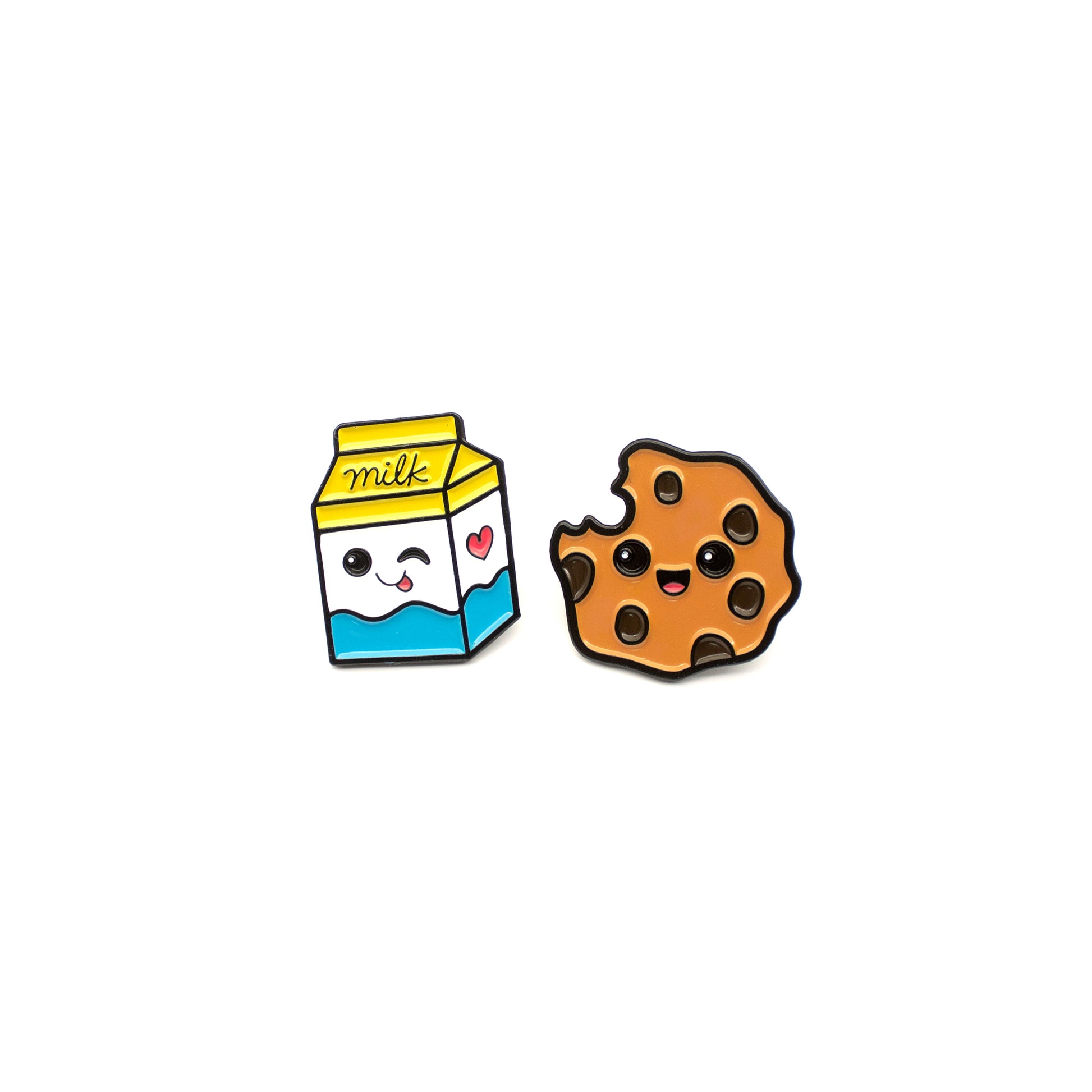 Milk and Cookie enamel pins on white background