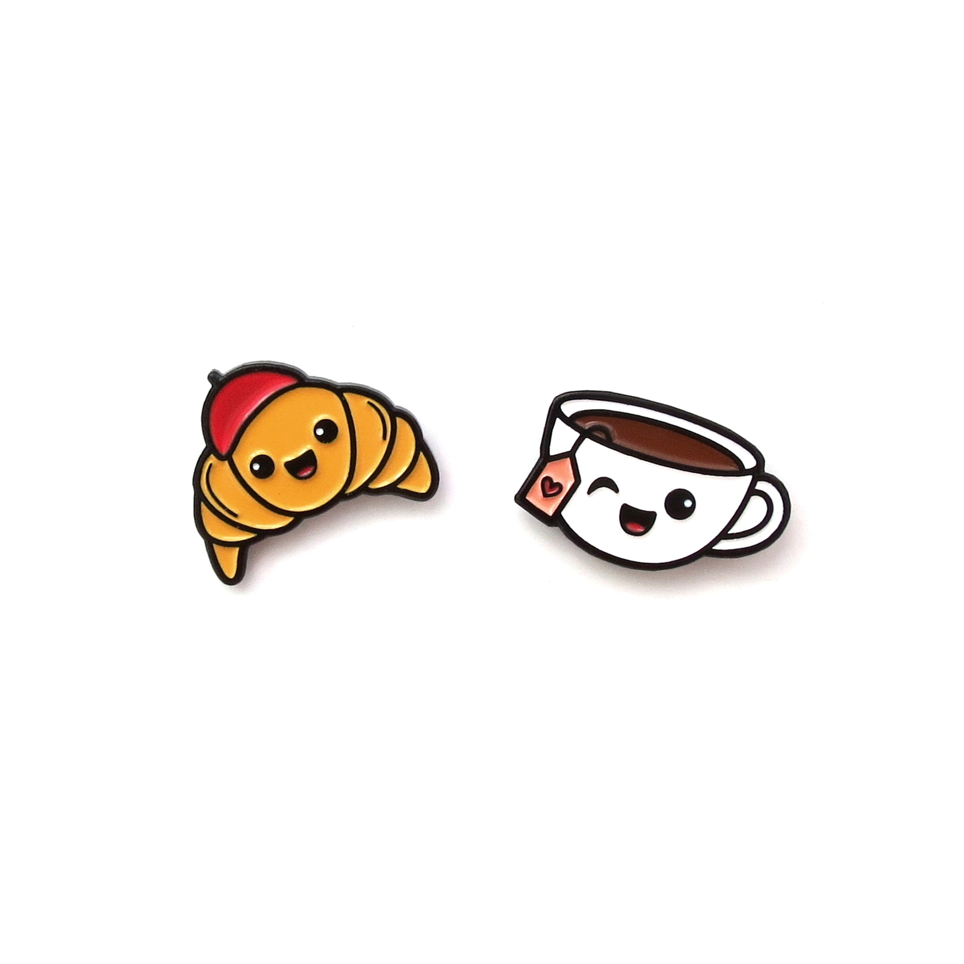 Croissant and Tea enamel pins on white background