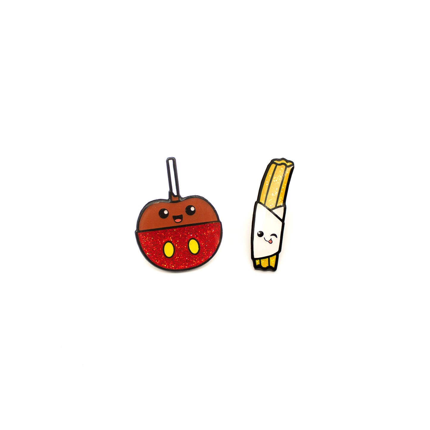 Caramel Apple and Churro enamel pin set on white background