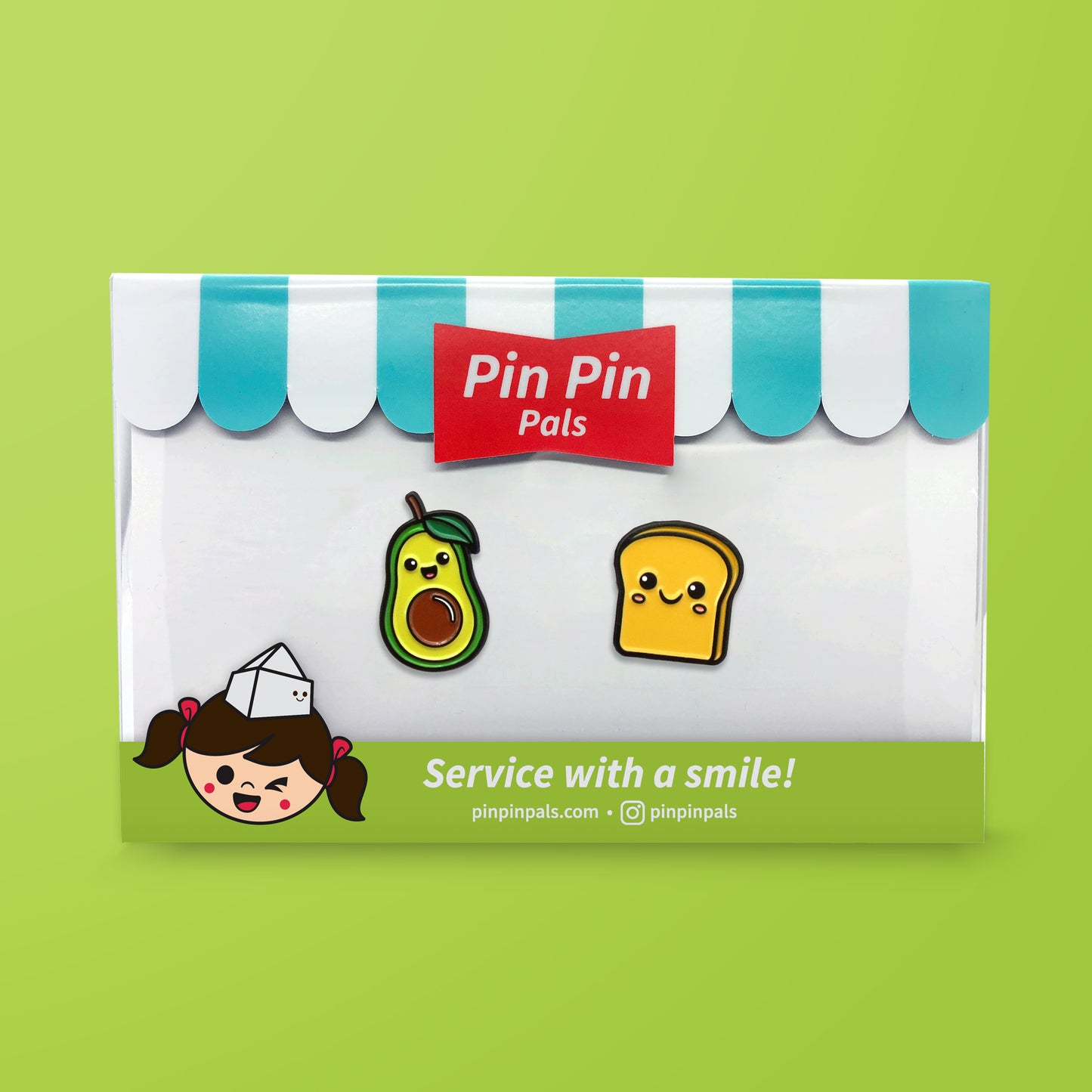 Pin Pin Pals Avocado and Toast enamel pin set in packaging box on green background