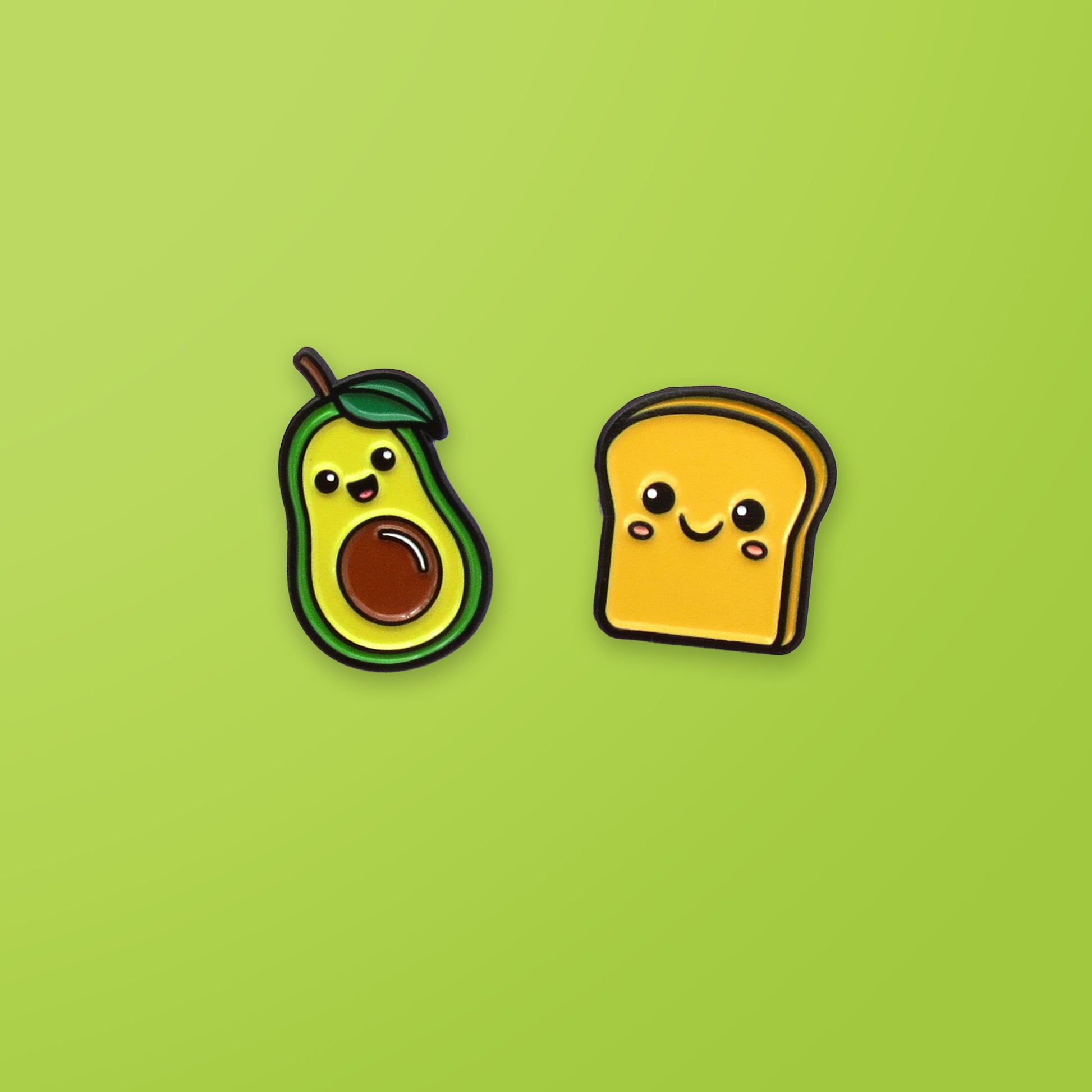 Avocado and Toast enamel pin set on green background