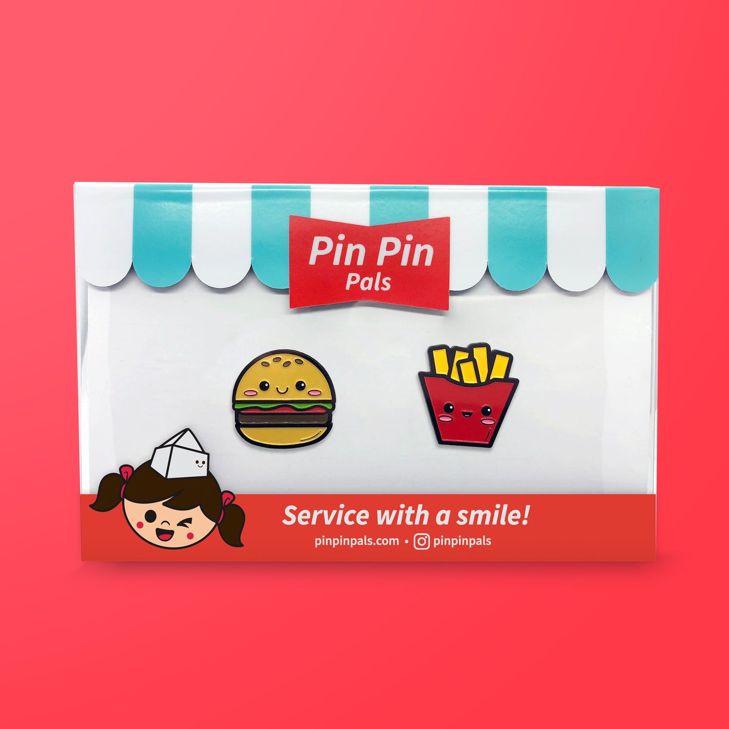 Pin Pin Pals Burger and Fries enamel pin set in packaging box on red background