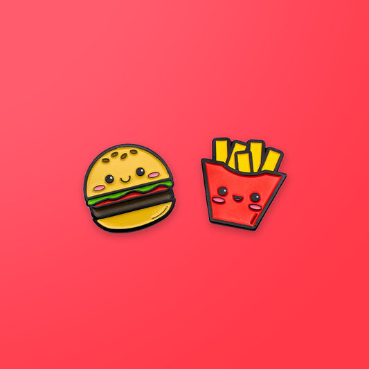 Burger and Fries enamel pin set on red background