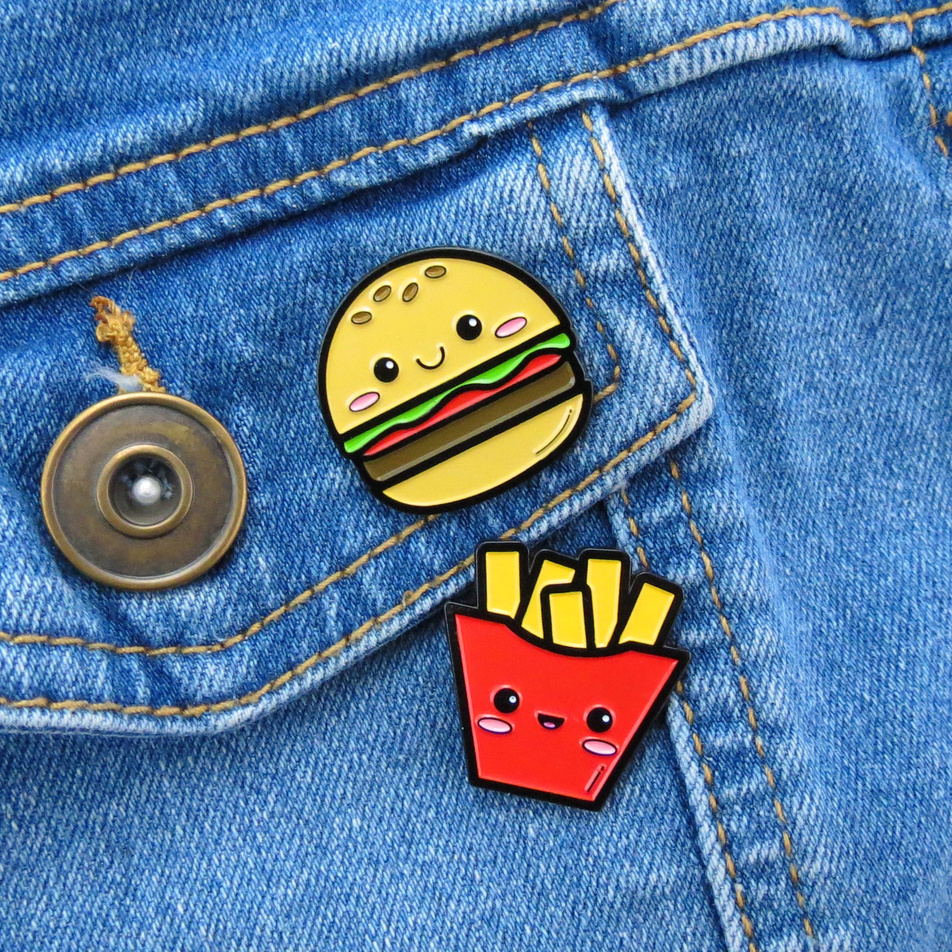 Burger and Fries enamel pin set on jean jacket pocket