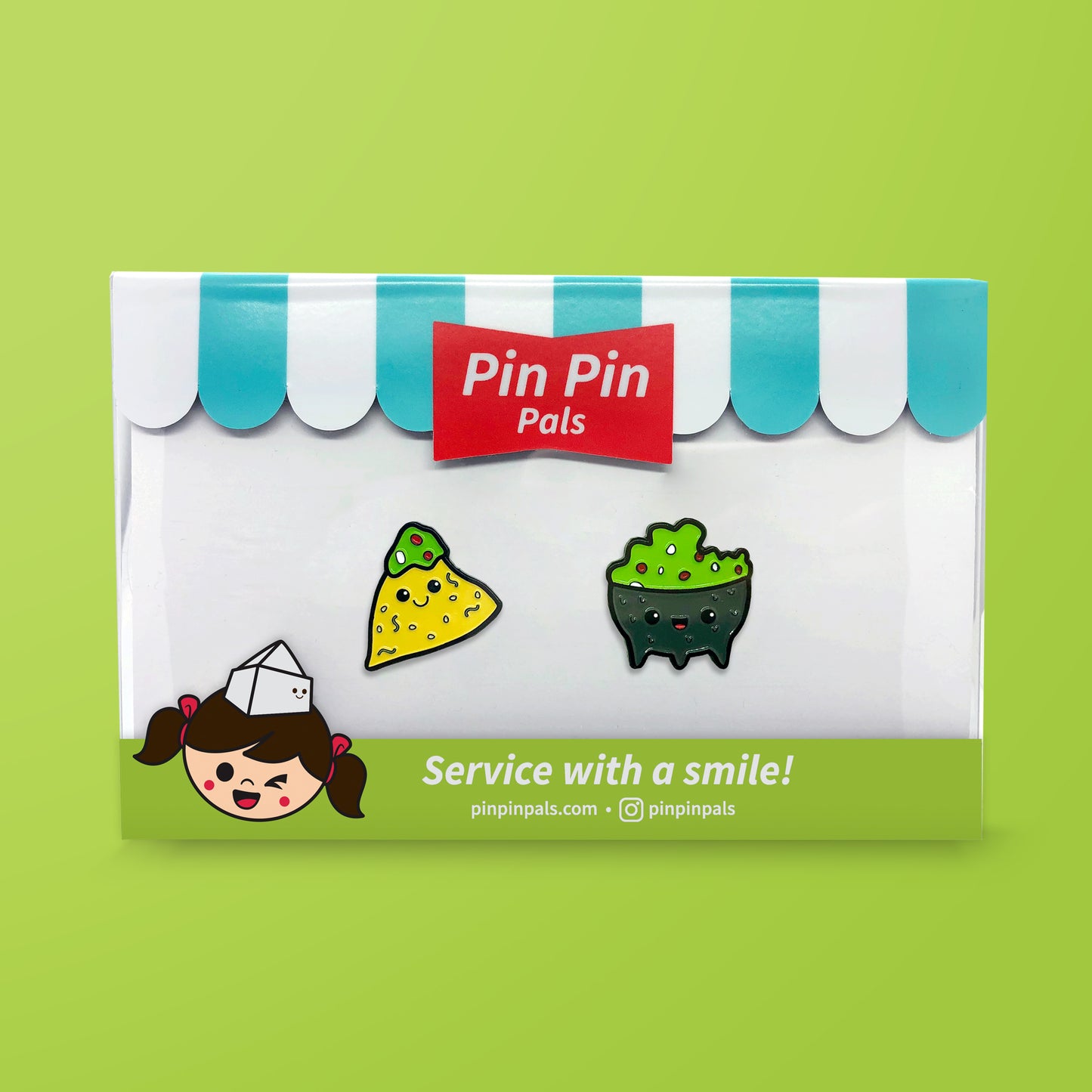 Pin Pin Pals Chip and Guac enamel pin set in packaging box on green background