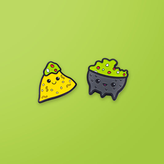Chip and Guac enamel pin set on green background