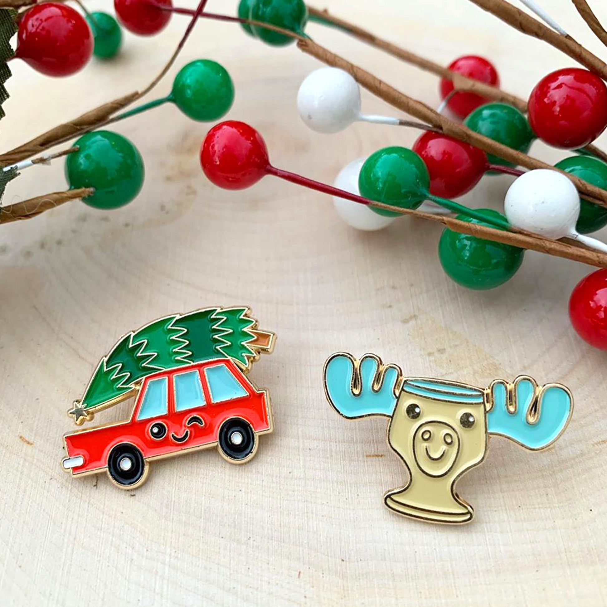 Christmas Vacation Car and Moose Mug enamel pins with holly
