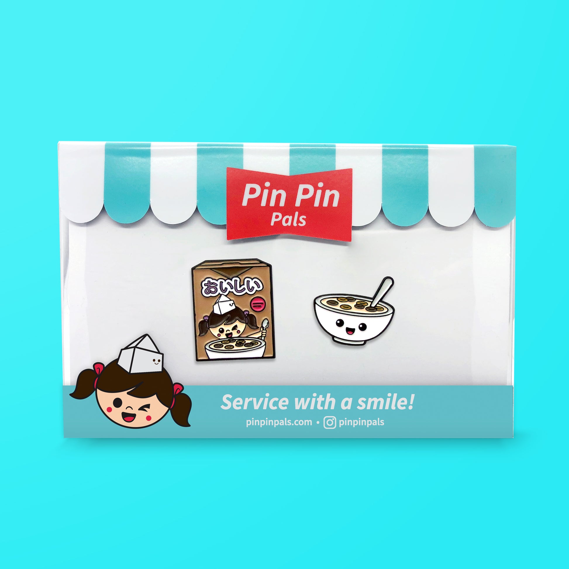 Pin Pin Pals Cocoa Cereal Box and Cereal Bowl enamel pins in packaging box on blue background