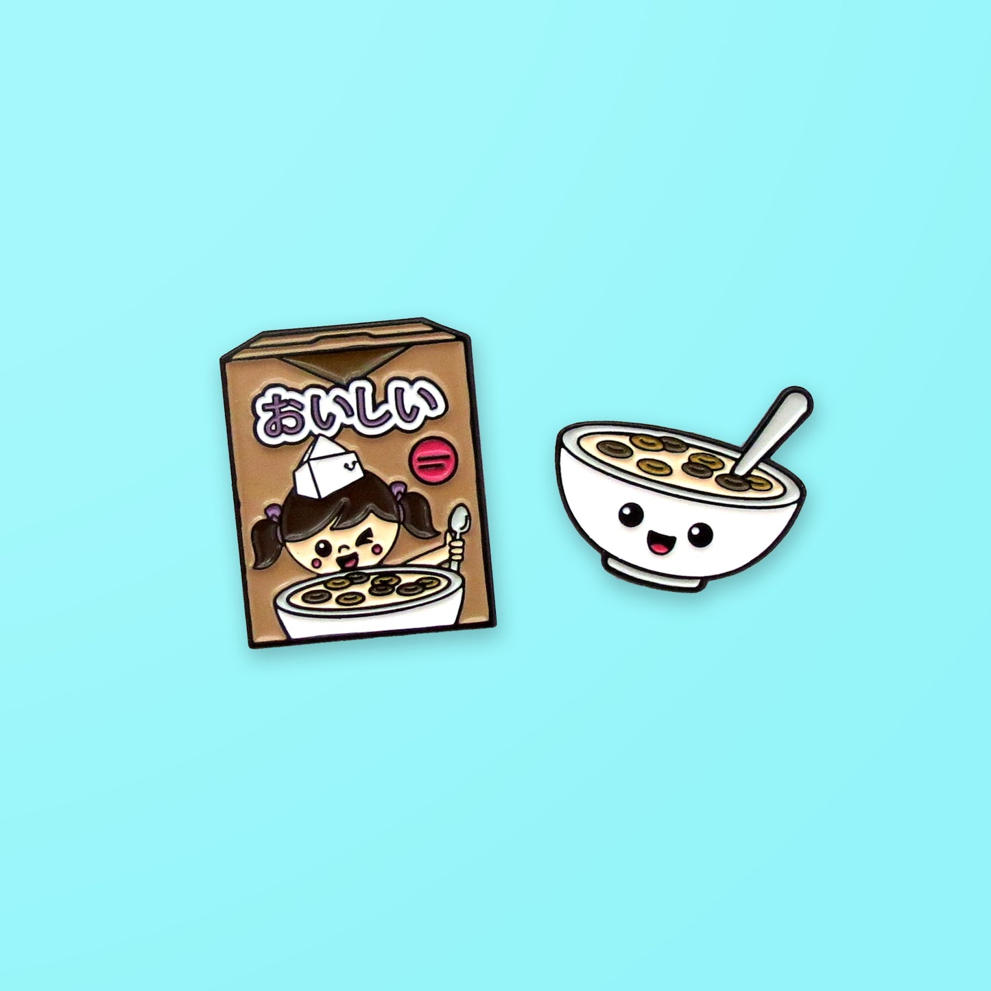 Cocoa Cereal Box and Cereal Bowl enamel pin set on blue background
