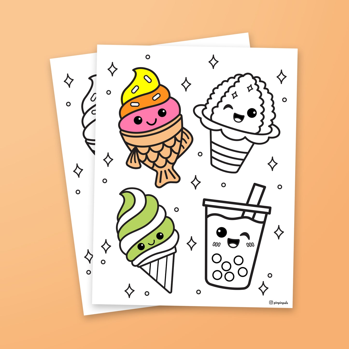 Pin Pin Pals Cool Friends Free Coloring Sheet on peach background