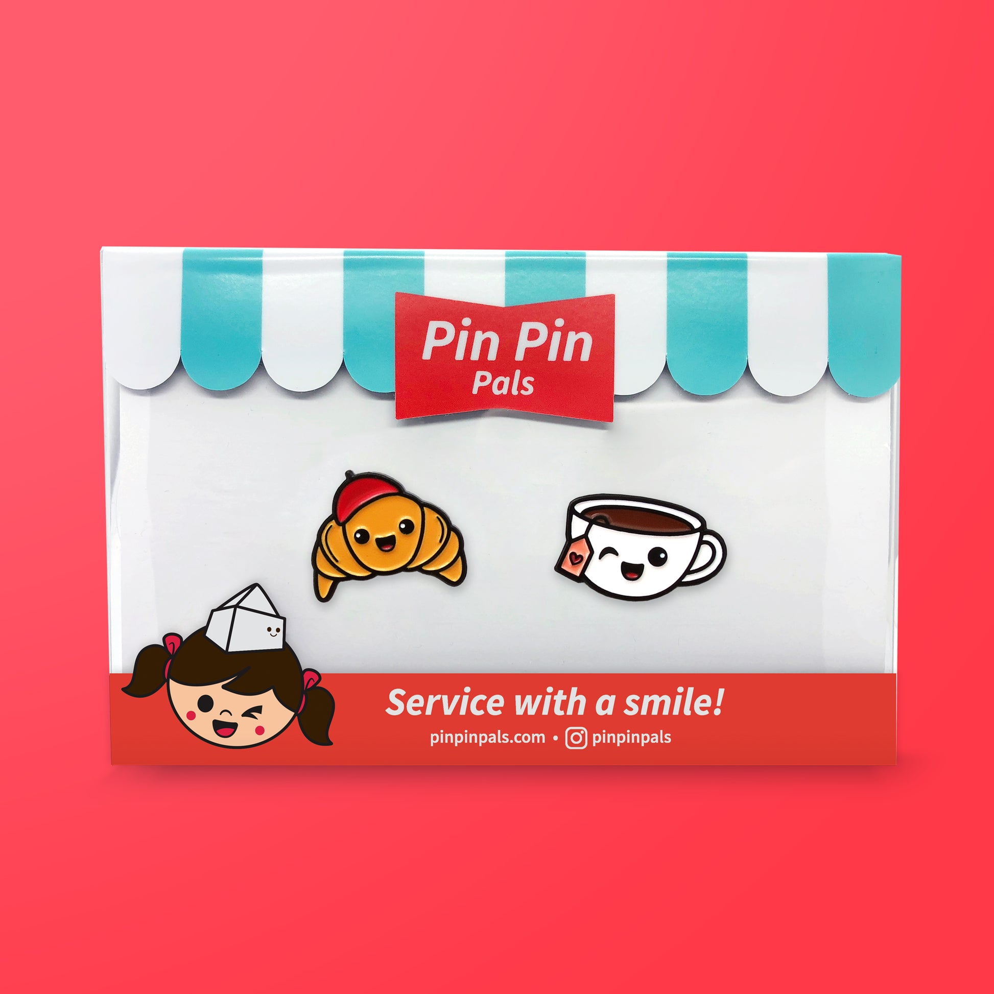 Pin Pin Pals Croissant and Tea enamel pin set in packaging box on red background