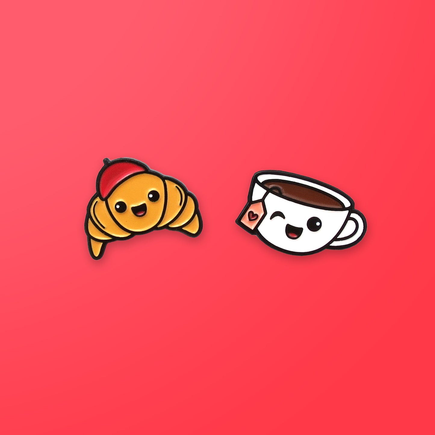 Croissant and Tea enamel pin set on red background