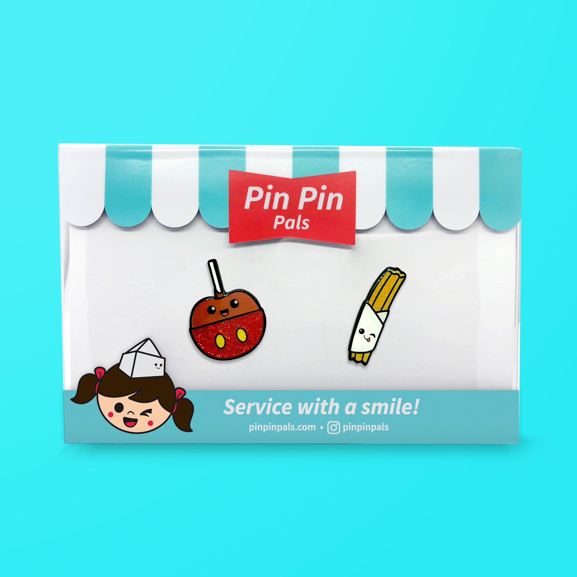 Pin Pin Pals Caramel Apple and Churro enamel pin set in packaging box on blue background