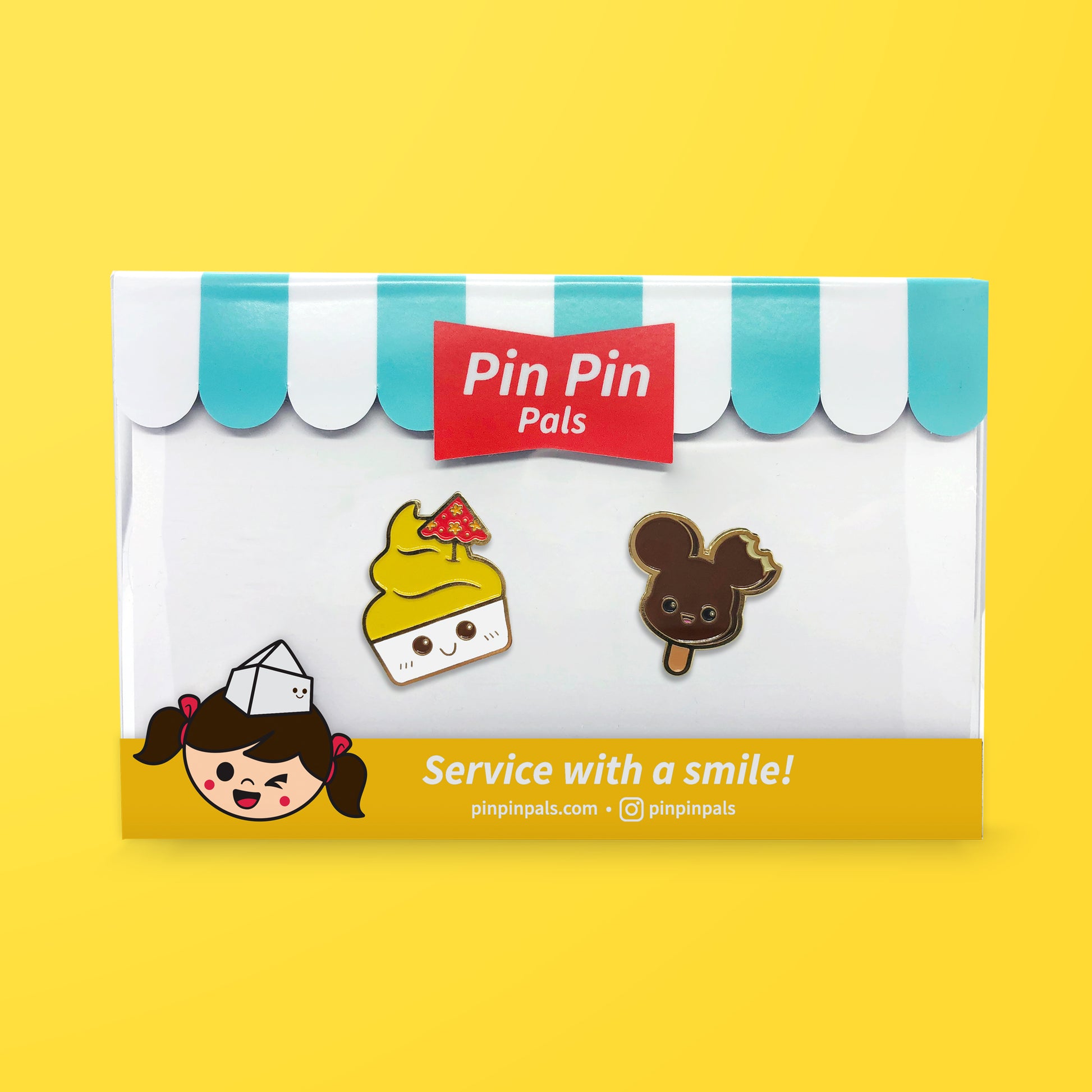 Pin Pin Pals Disney Dole Whip and Mickey Ice Cream enamel pin set in packaging box on yellow background