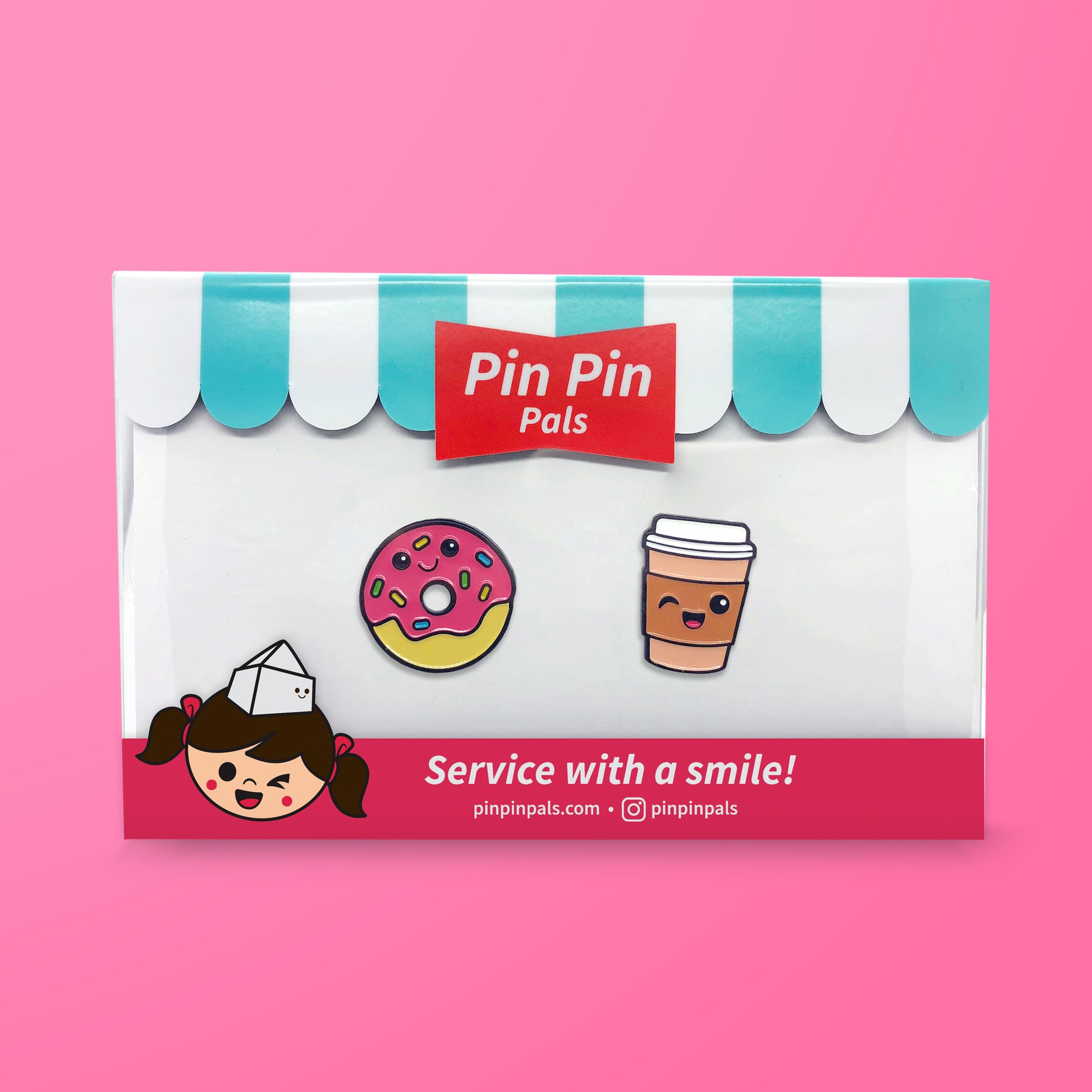 Pin Pin Pals Donut and Coffee enamel pin set in packaging box on pink background