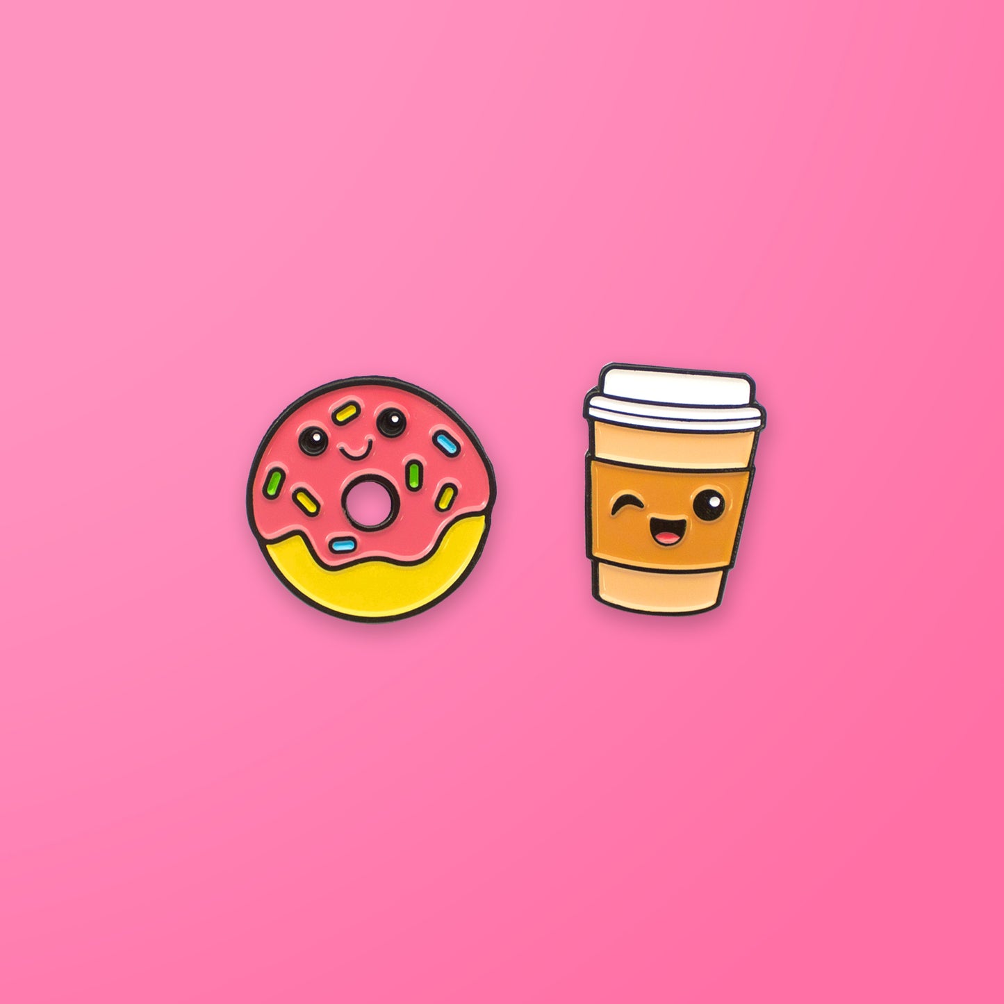 Donut and Coffee enamel pin set on pink background