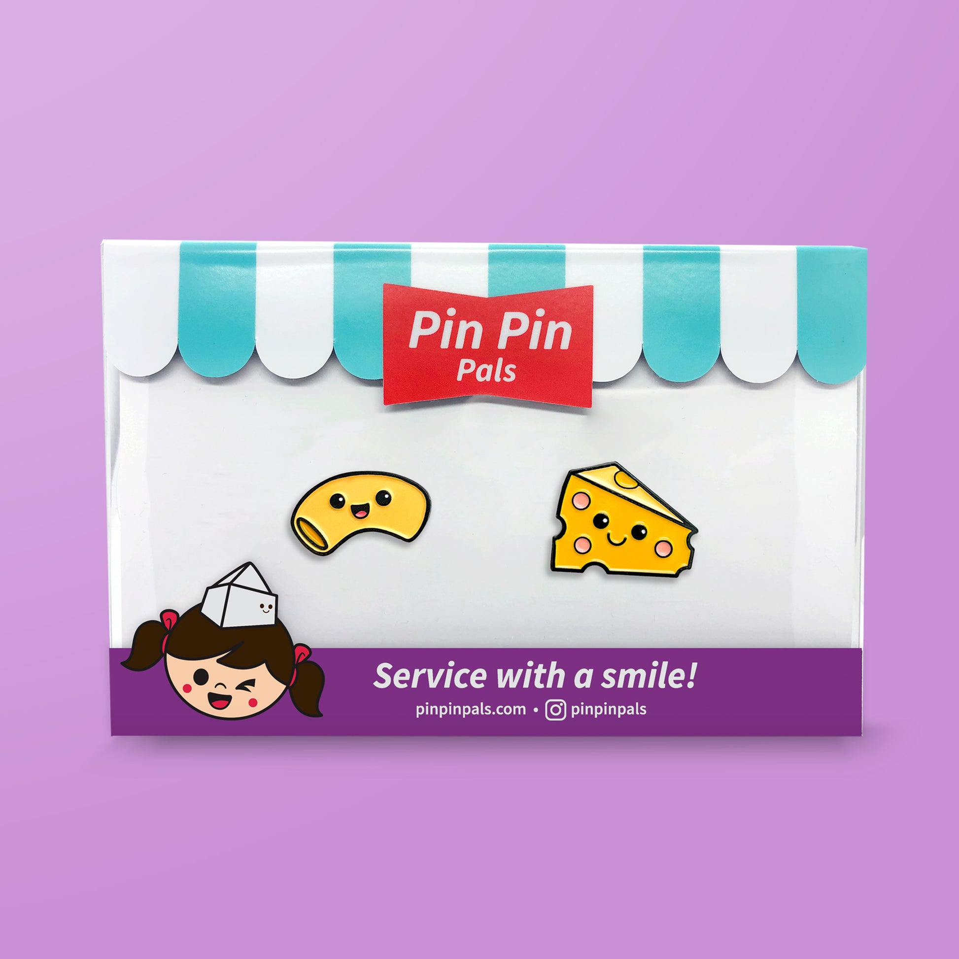 Pin Pin Pals Mac and Cheese enamel pin set in packaging box on purple background