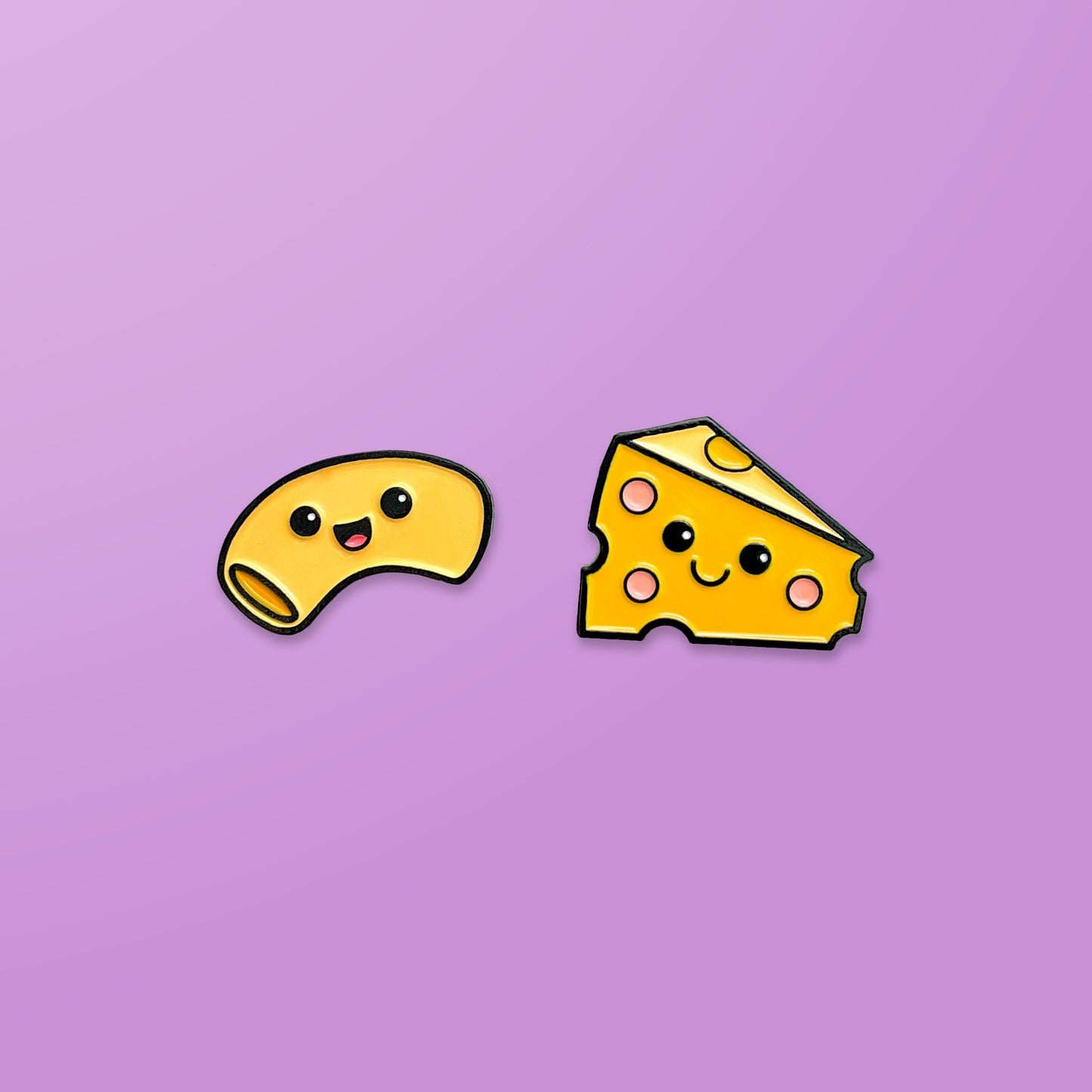 Mac and Cheese enamel pin set on purple background