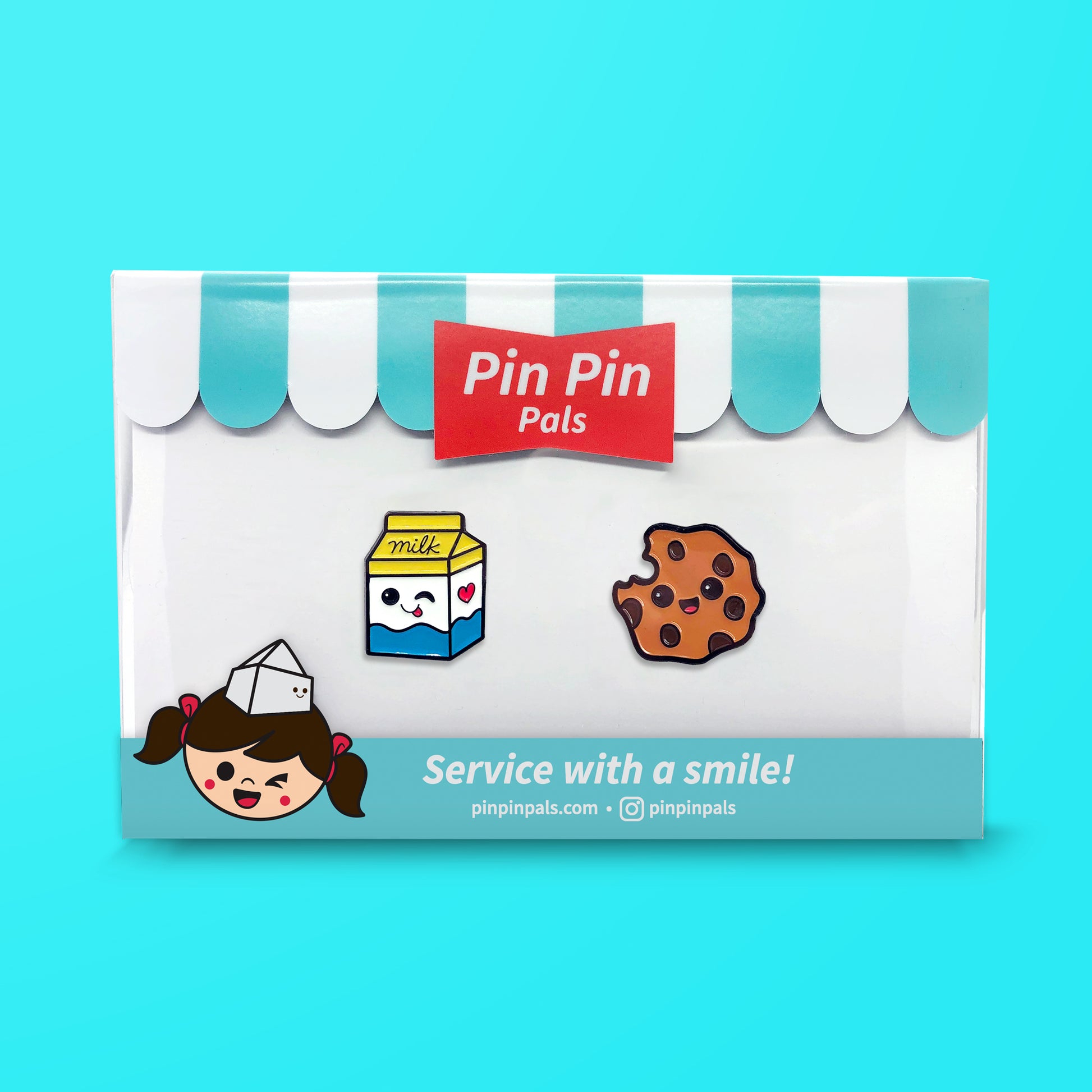 Pin Pin Pals Milk and Cookie enamel pin set in packaging box on blue background