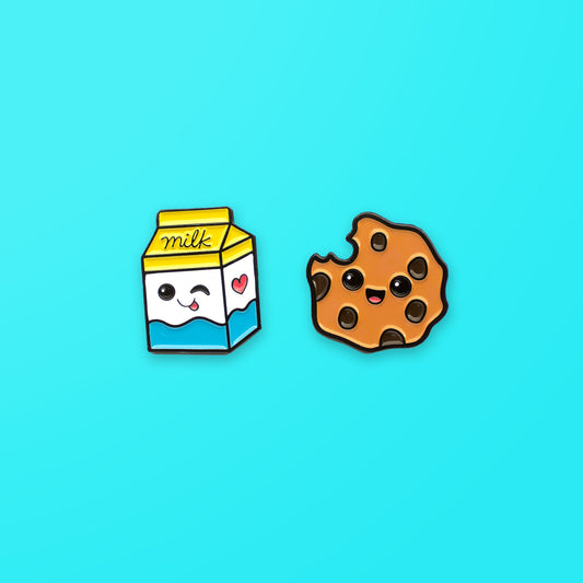 Milk and Cookie enamel pin set on blue background
