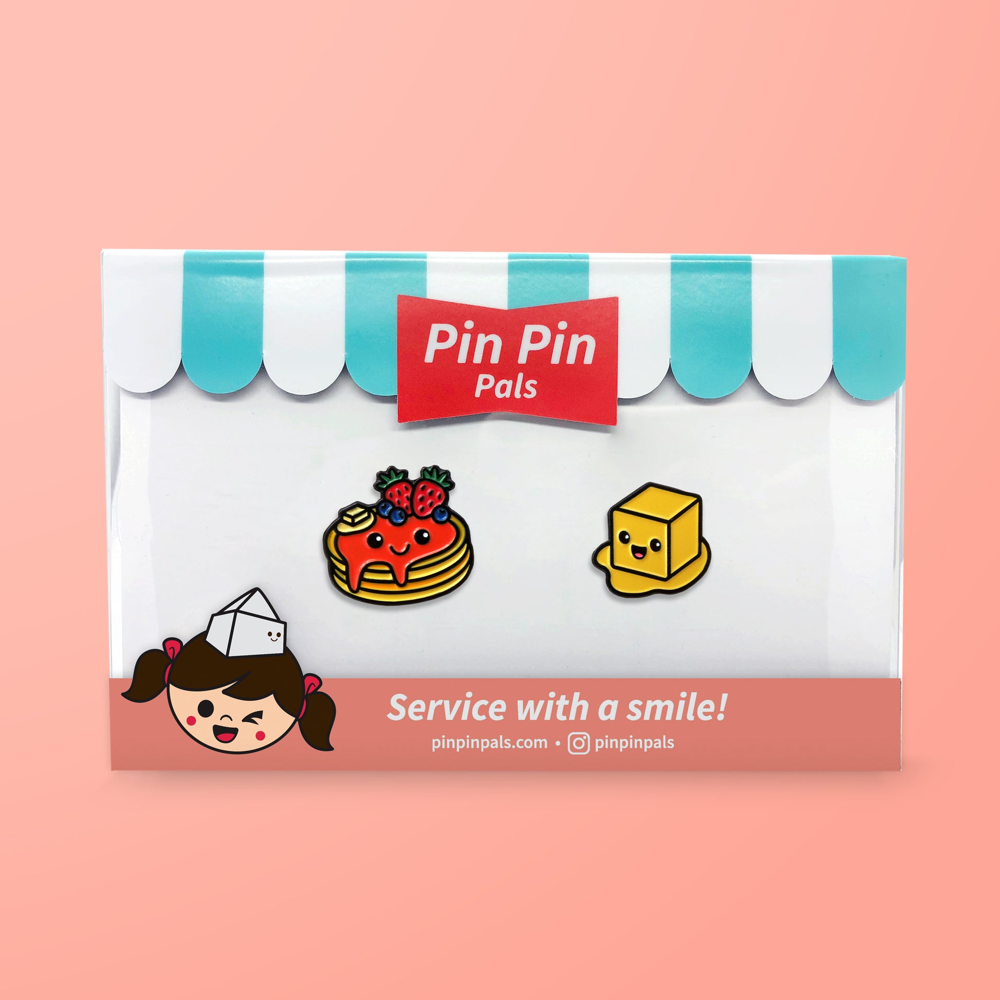 Pin Pin Pals Pancake and Butter enamel pin set in packaging box on pink background