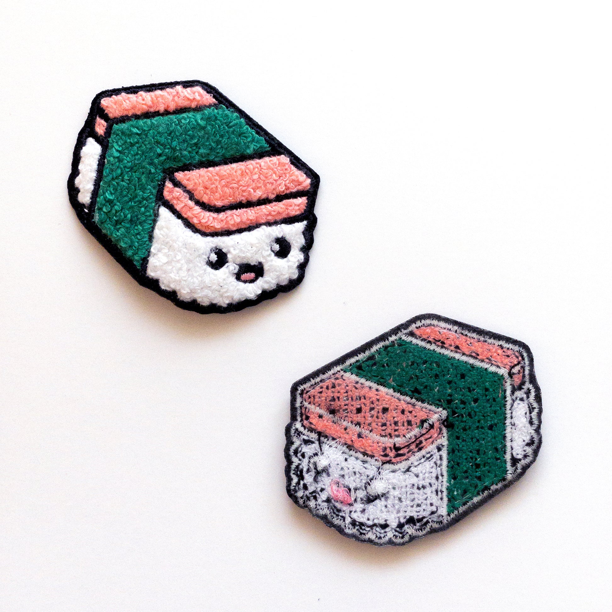 Front and back of Spam Musubi iron on chenille patches