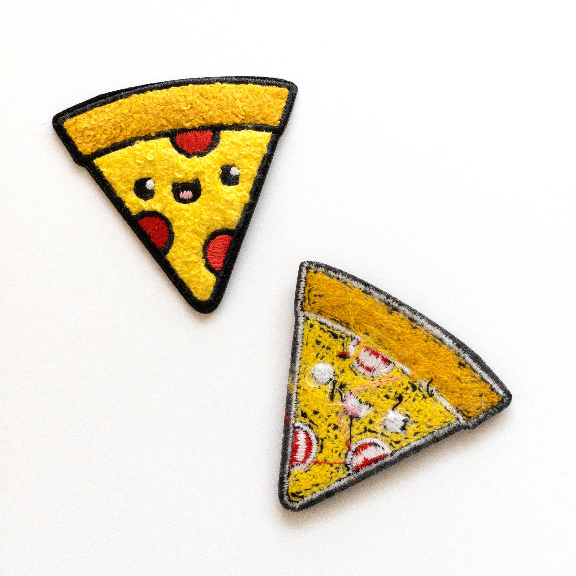 Front and back of Pizza iron on chenille patches