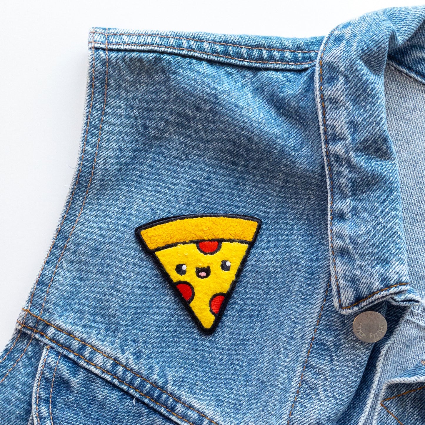 Pizza iron on chenille patch on jean jacket vest