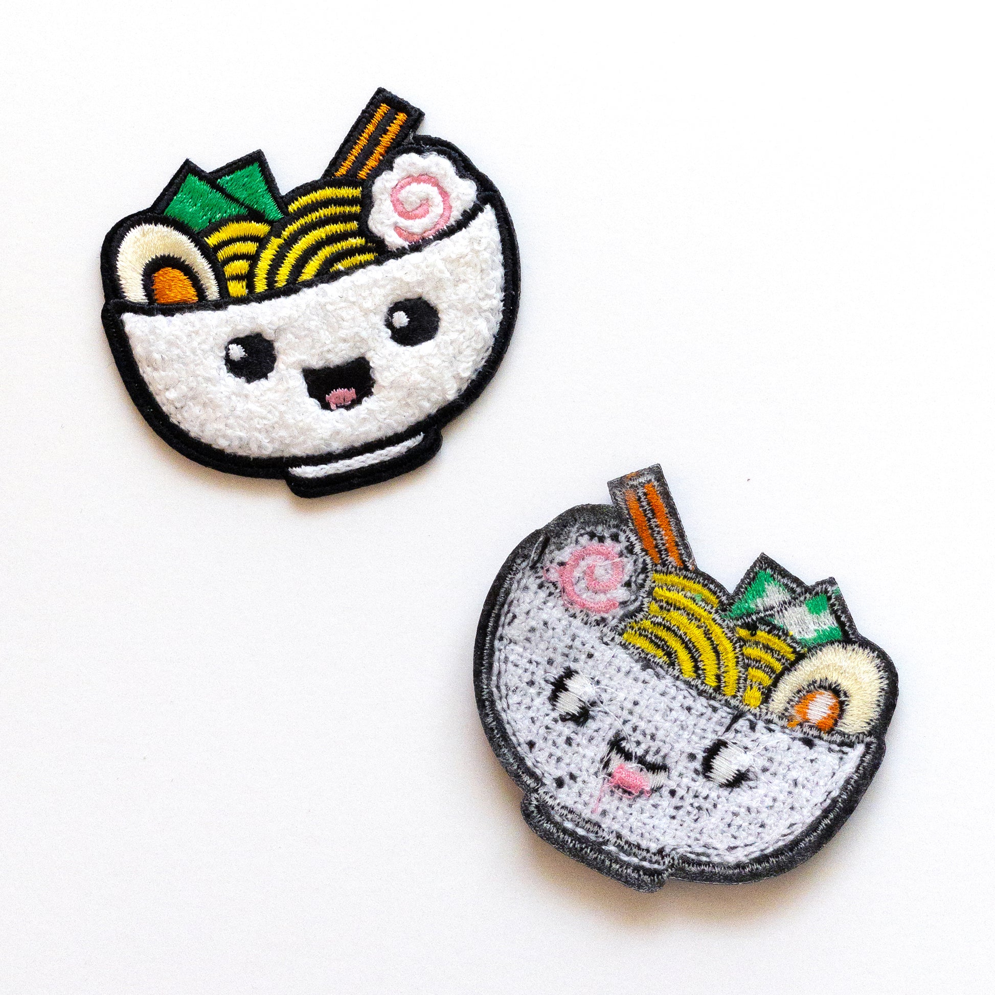 Front and back of Ramen iron on chenille patches