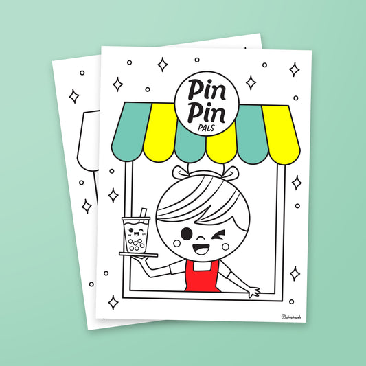 Pin Pin Pals free Penny Shop coloring sheet on mint green background