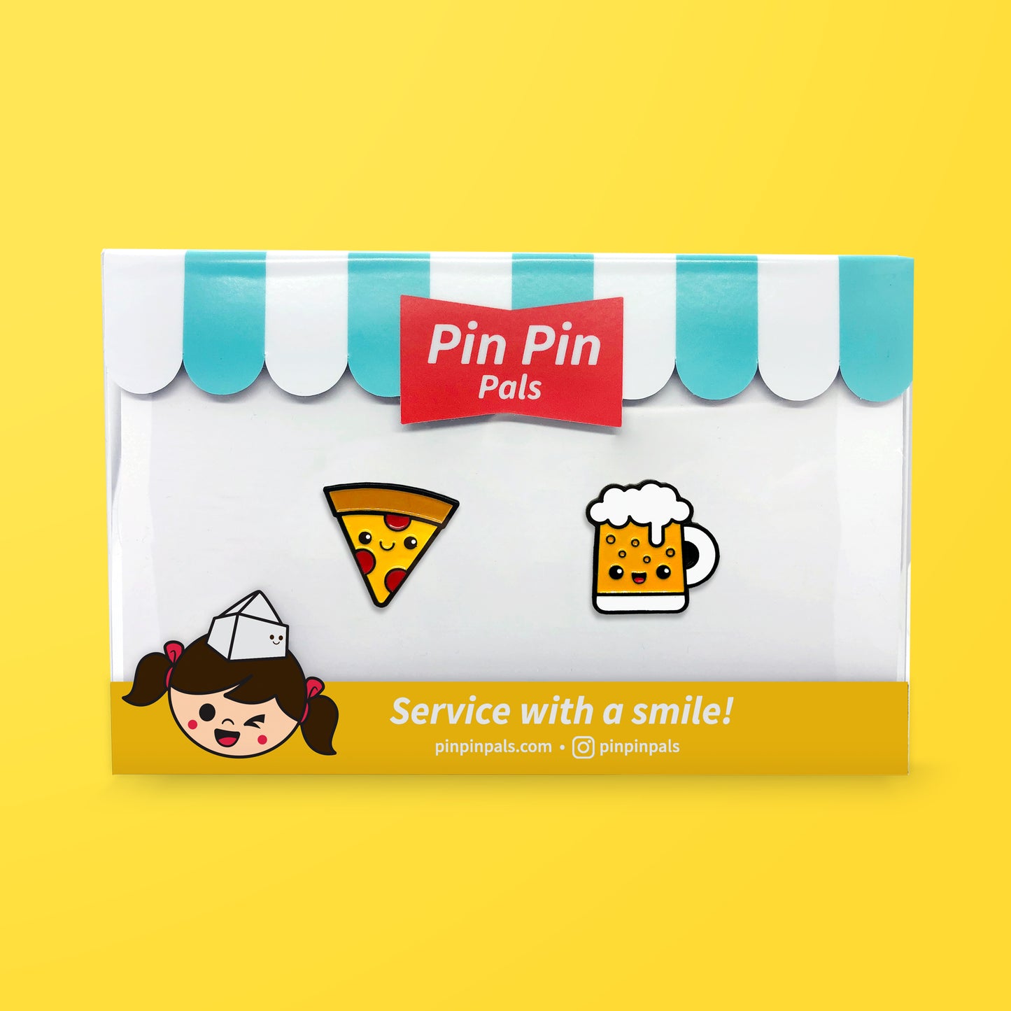 Pin Pin Pals Pizza and Beer enamel pin set in packaging box on yellow background