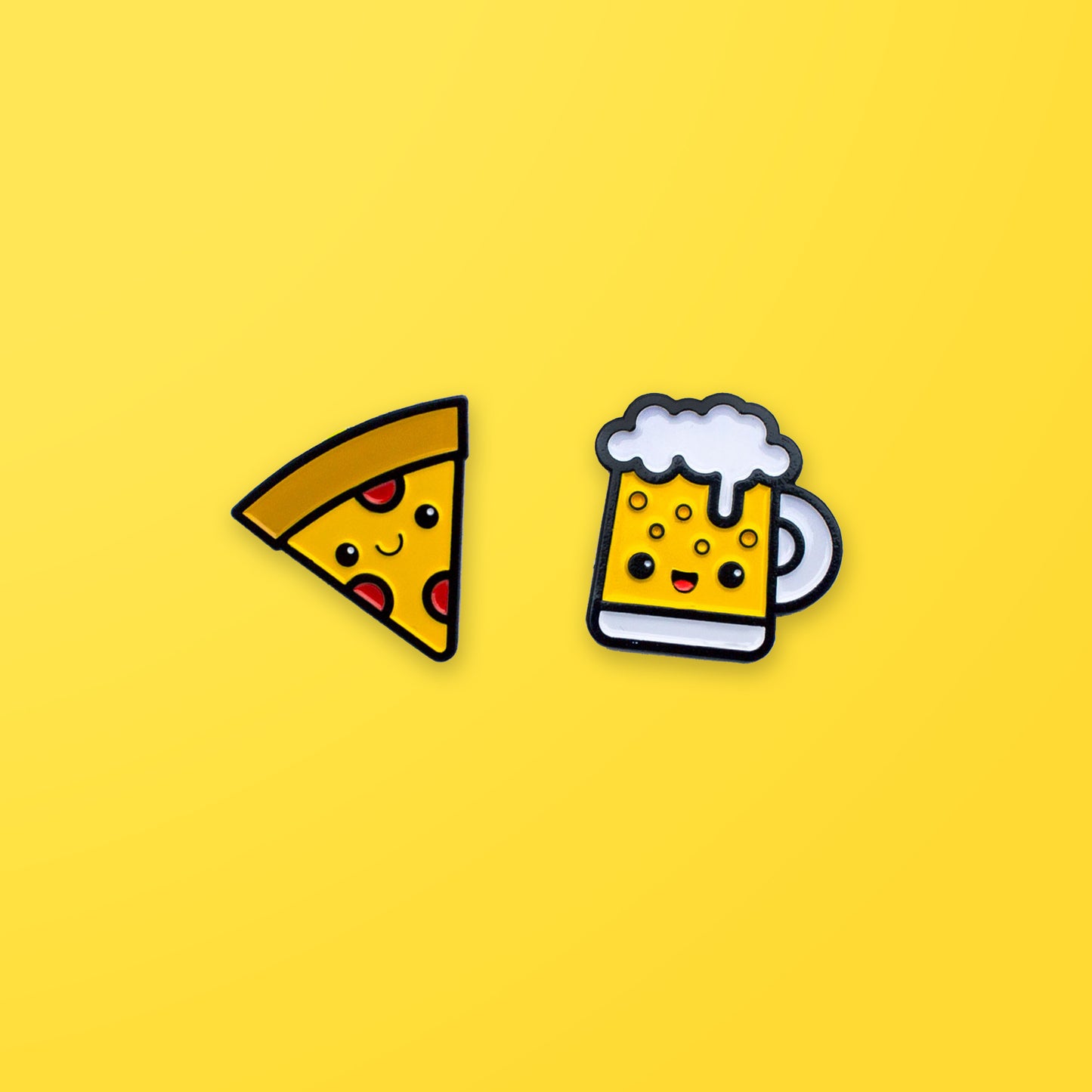 Pizza and Beer enamel pin set on yellow background