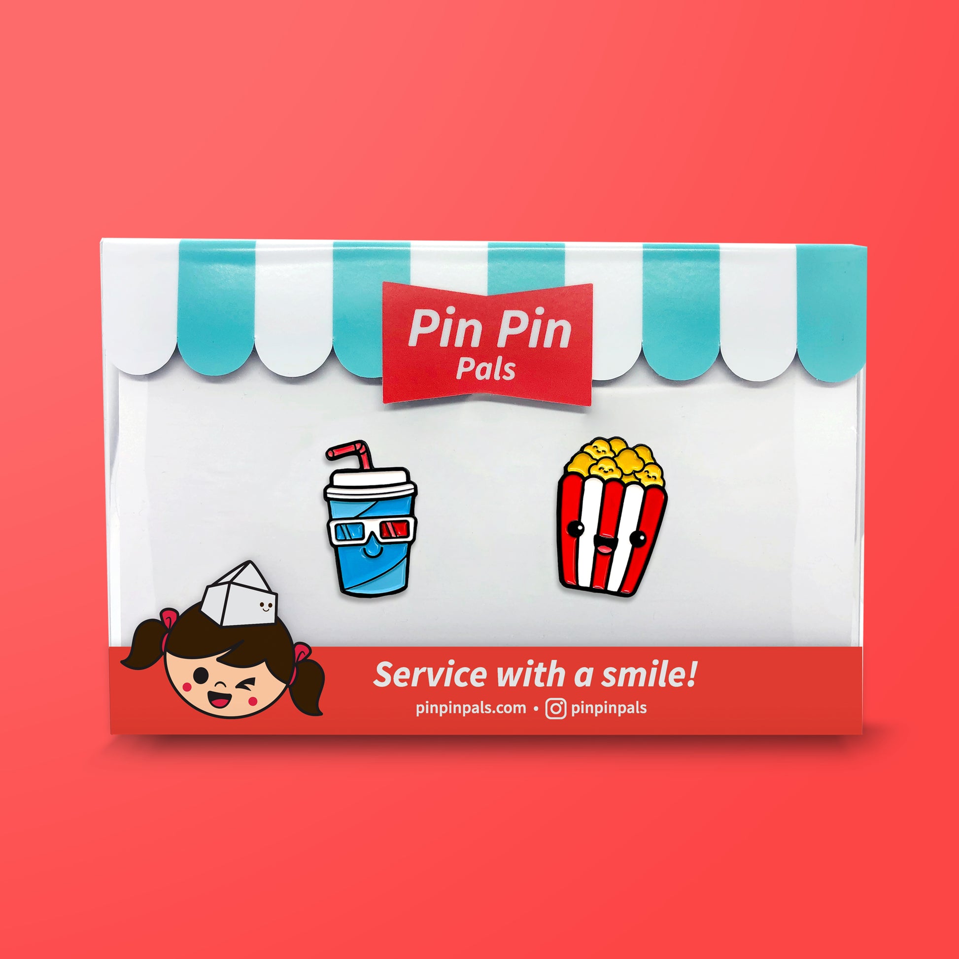 Pin Pin Pals Popcorn and Soda enamel pin set in packaging box on red background