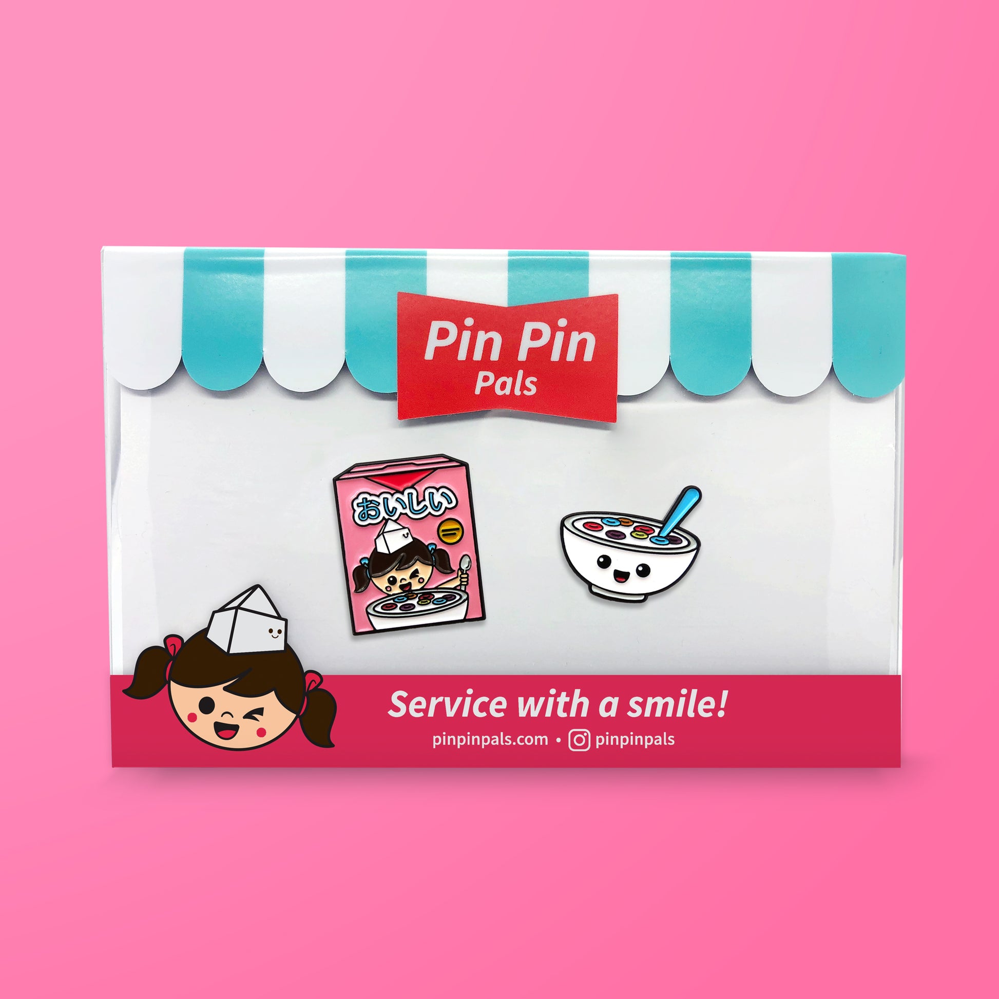 Pin Pin Pals Fruity Cereal Box and Cereal Bowl enamel pin set in packaging box on pink background