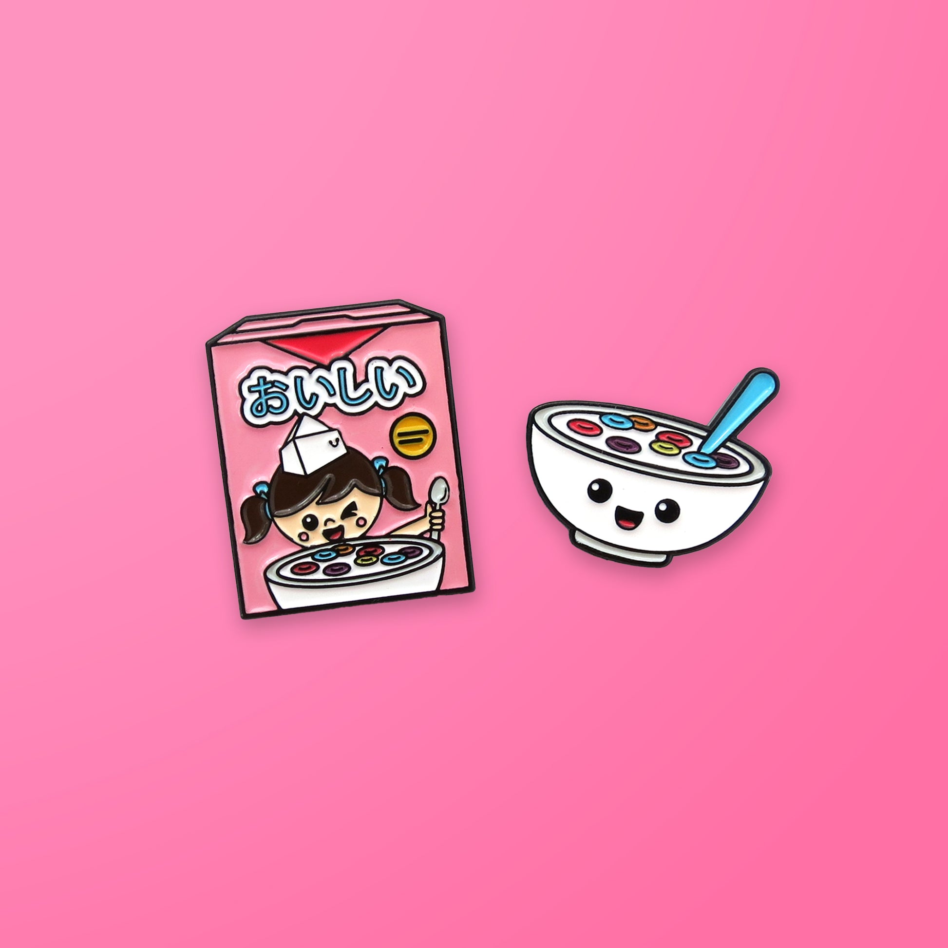 Fruity Cereal Box and Cereal Bowl enamel pin set on pink background