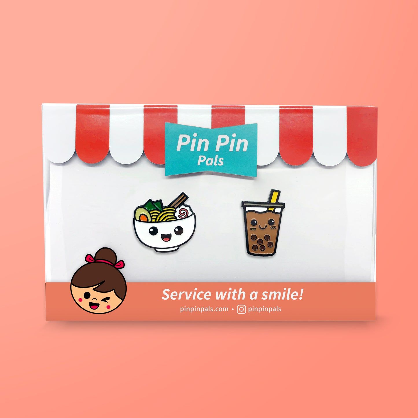 Pin Pin Pals Ramen and Boba enamel pin set in packaging box on pink background