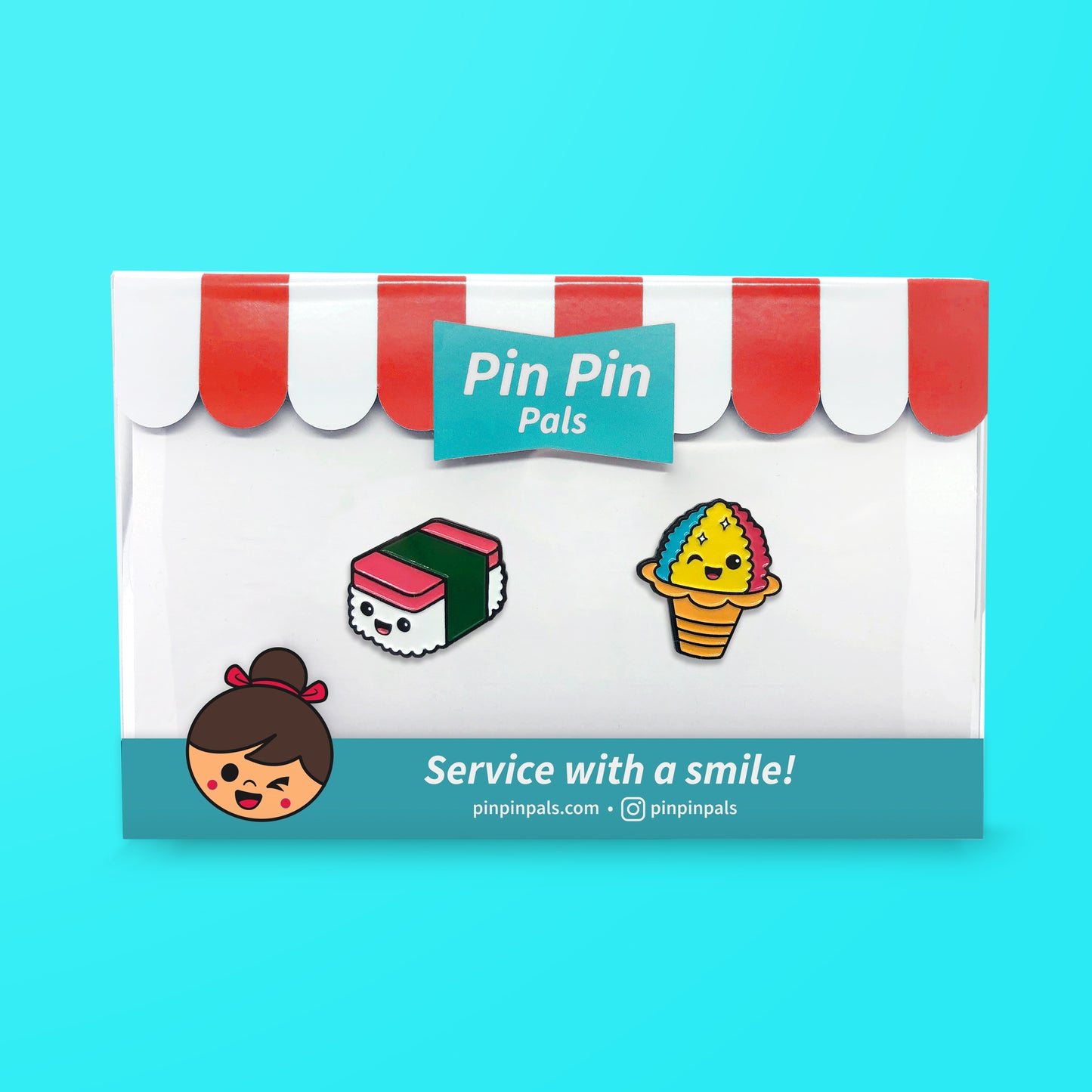Pin Pin Pals Spam Musubi and Shaved Ice enamel pin set in packging box on blue background