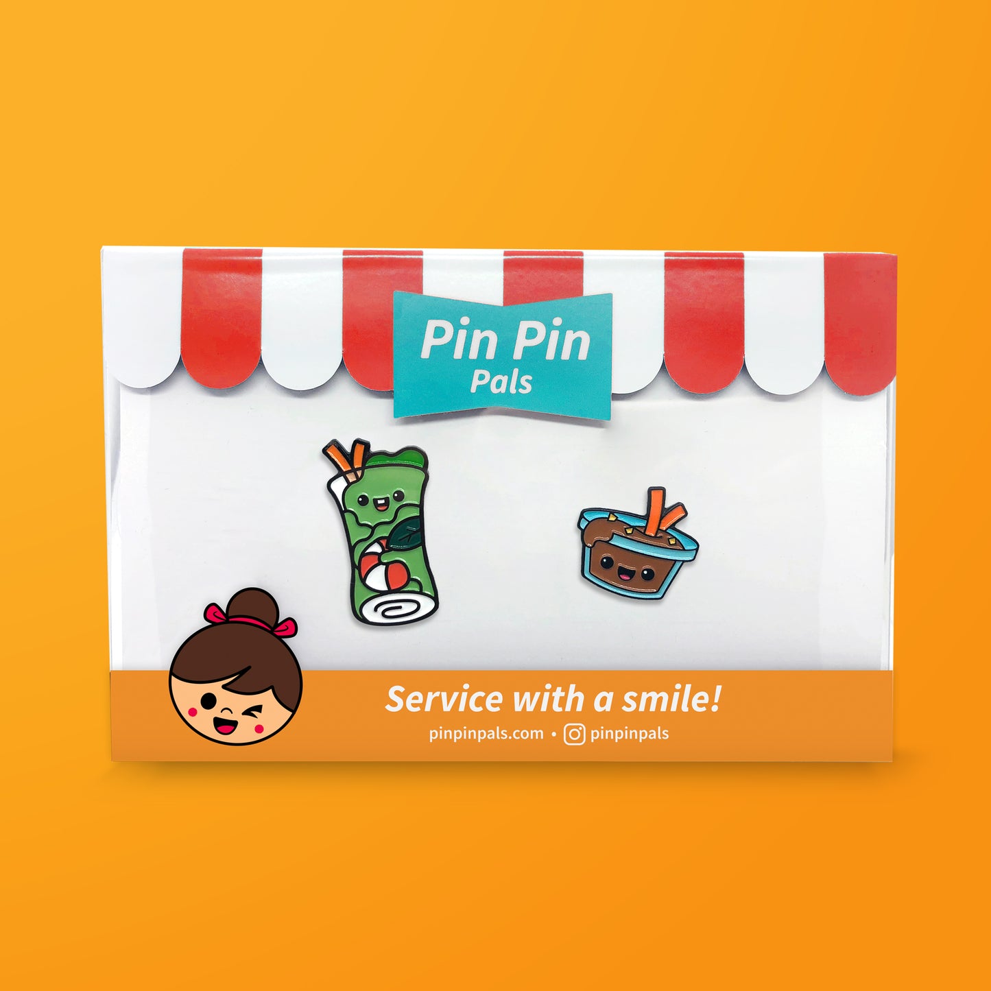 Pin Pin Pals Spring Roll and Peanut Sauce enamel pin set in packaging box on orange background