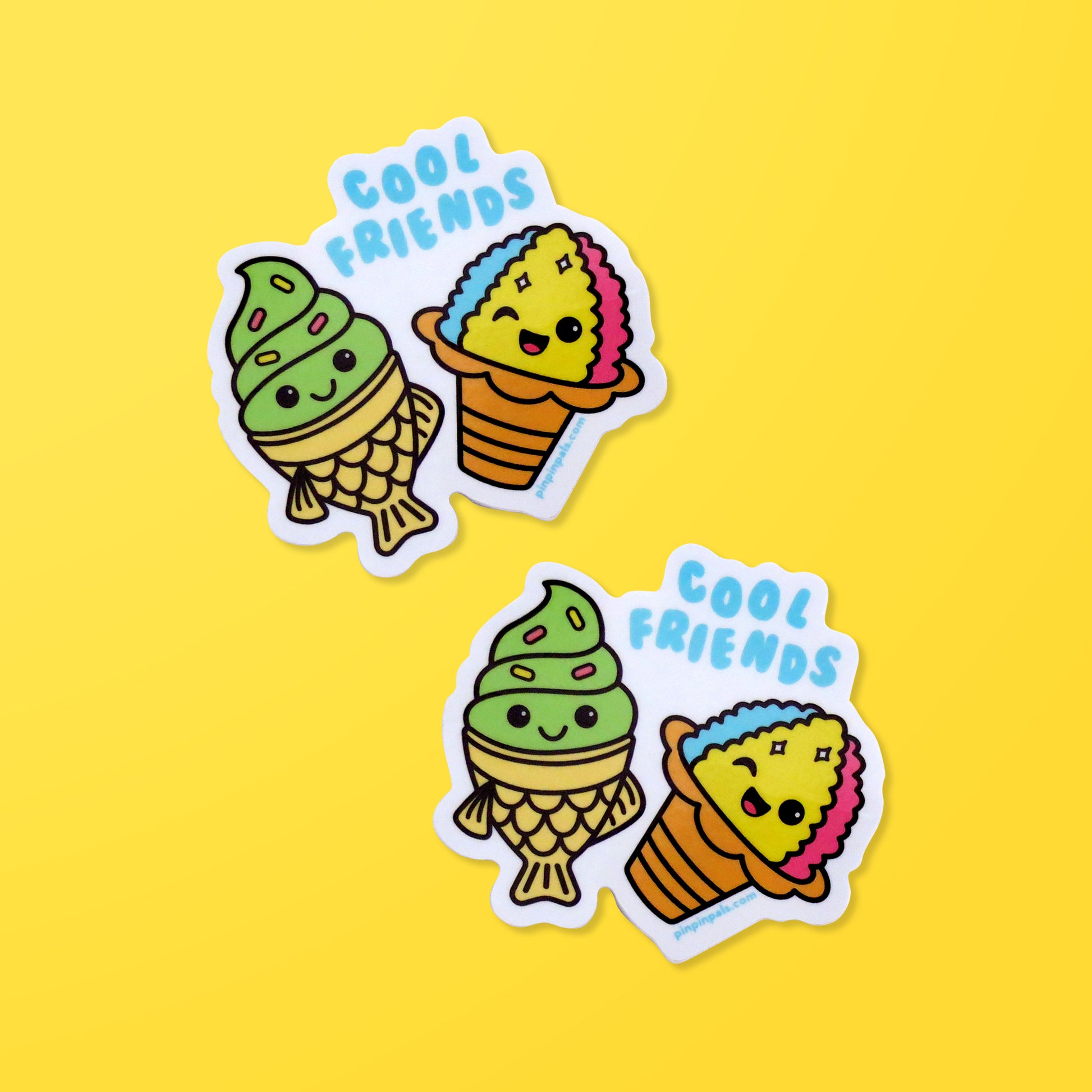Two Cool Friends - Taiyaki and Shaved Ice vinyl stickers on yellow background