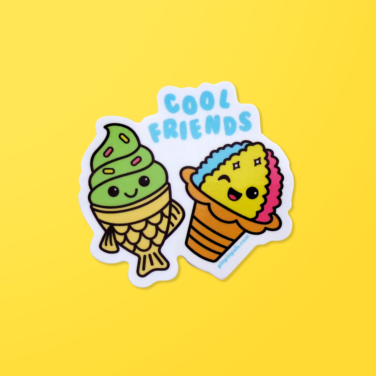 Cool Friends - Taiyaki and Shaved Ice vinyl sticker on yellow background