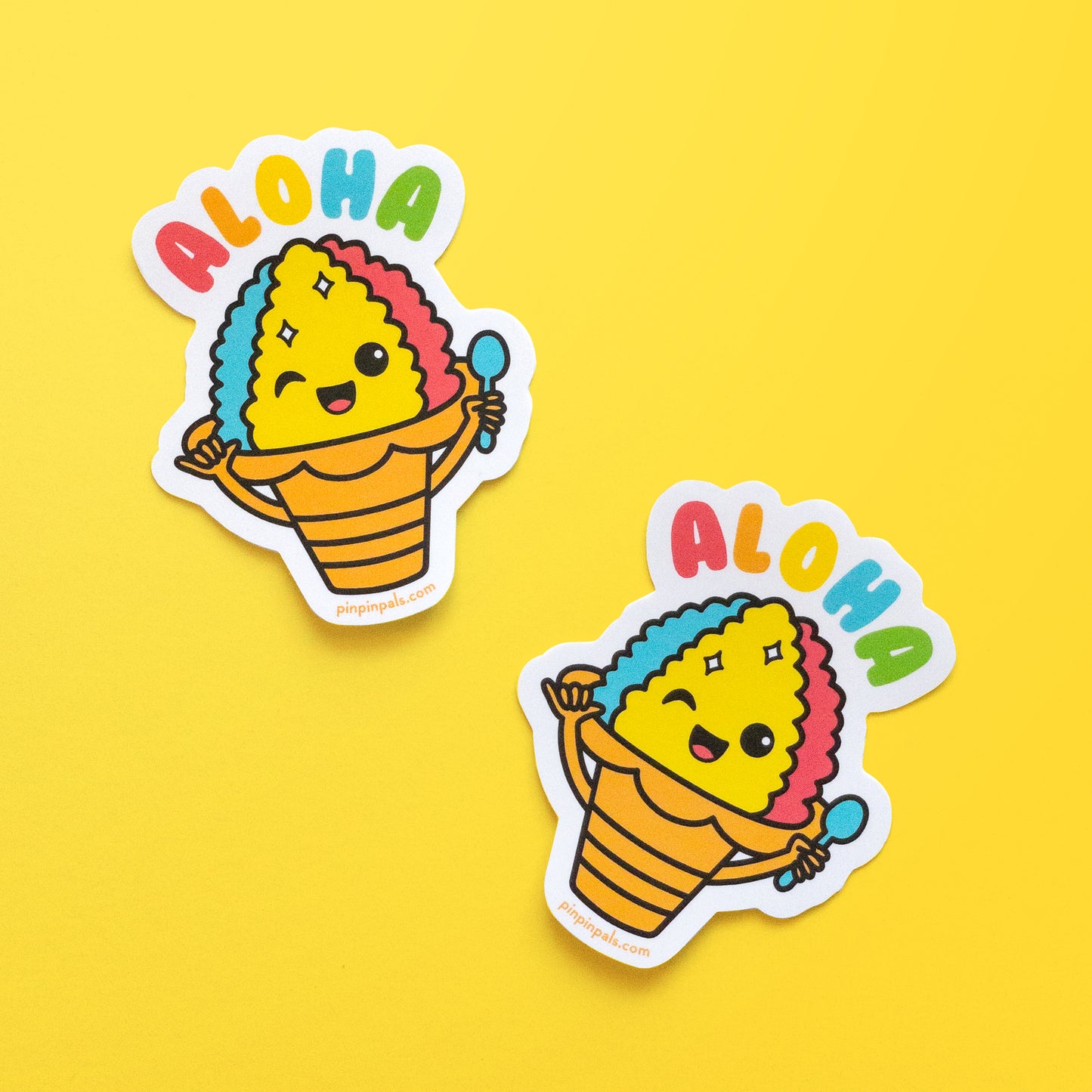 Two Aloha Shaved Iced vinyl stickers on yellow background