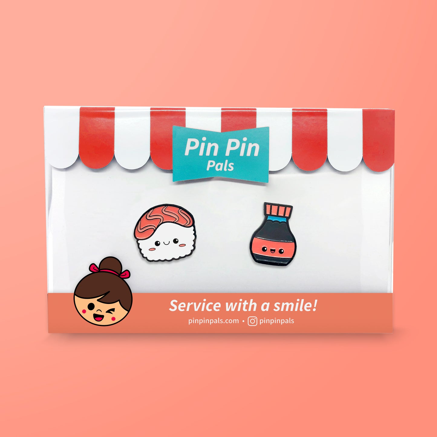 Pin Pin Pals Sushi and Soy Sauce enamel pin set in packaging box on pink background