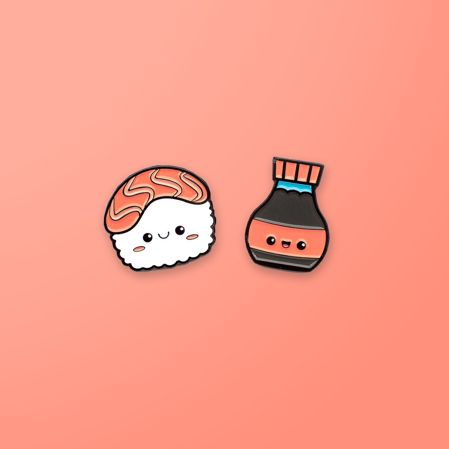 Sushi and Soy Sauce enamel pin set on pink background